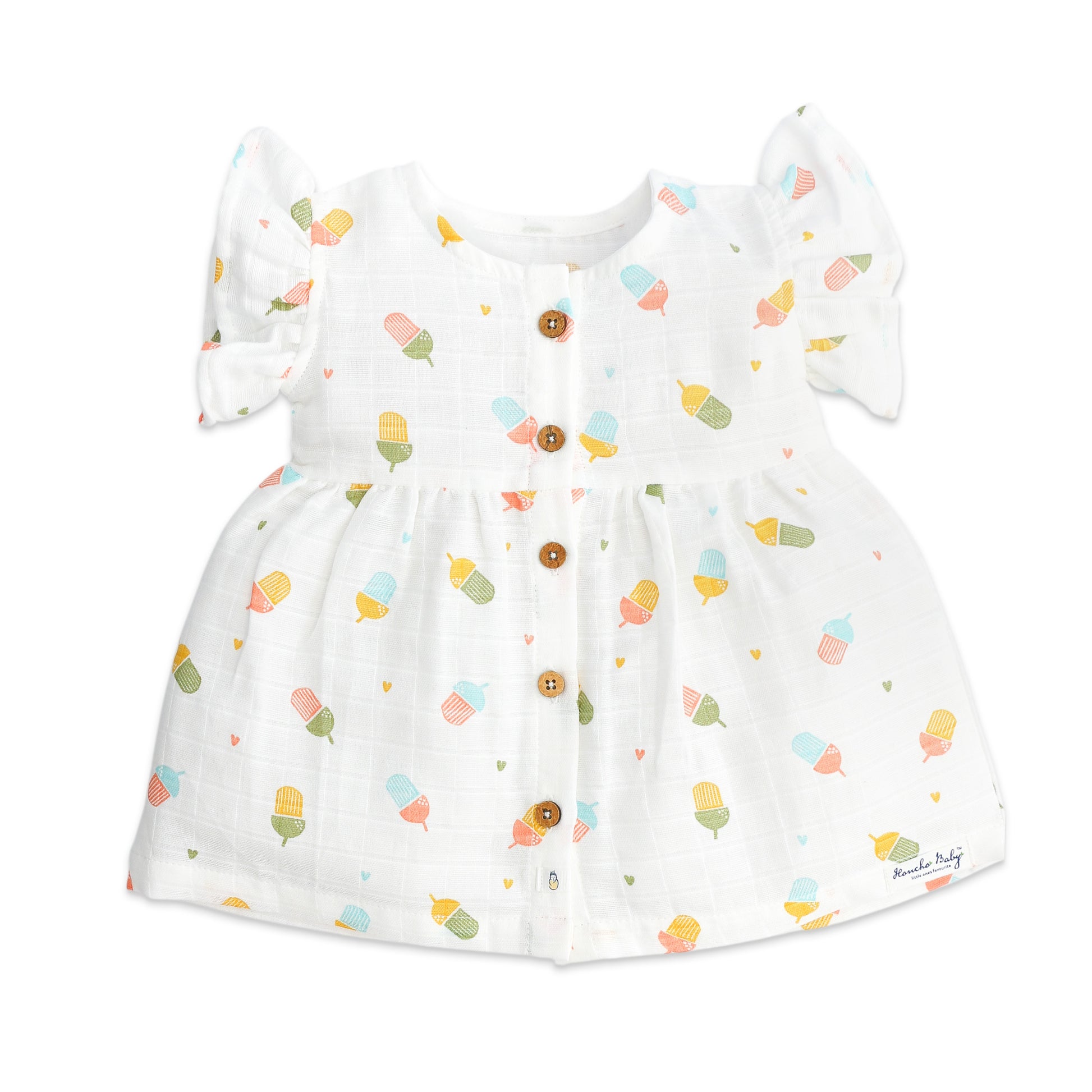 White muslin frill sleeve baby frock with playful candy popsicles print and button-front closure for 0-5 years