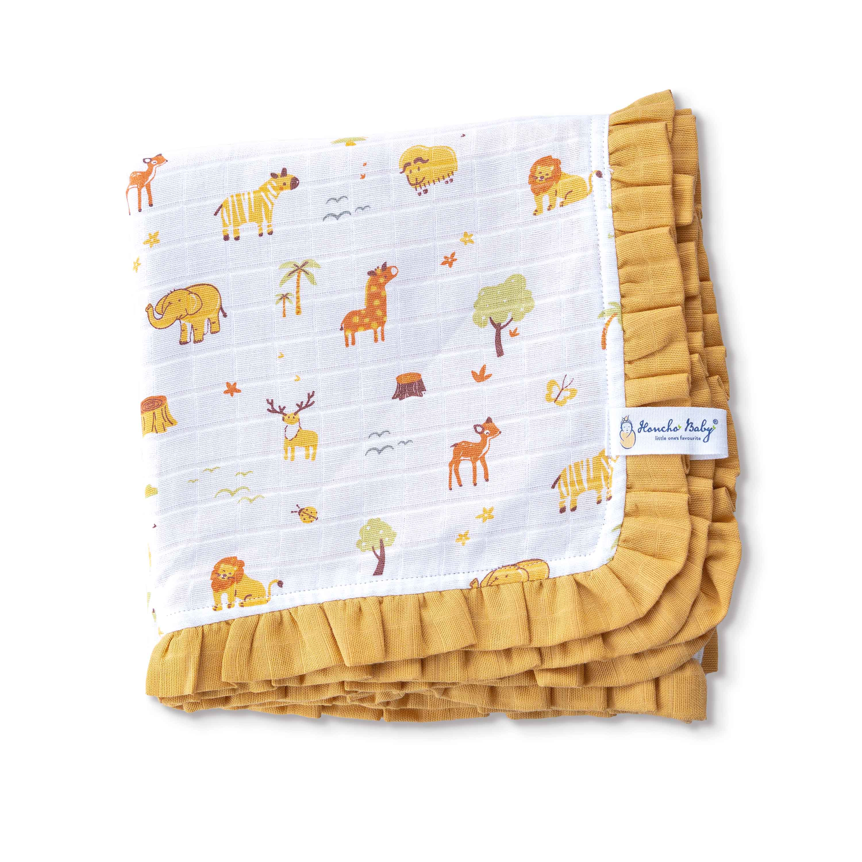 Tiny Jungle Adventure - Mustard Frill Reversible Muslin Blanket/Quilt