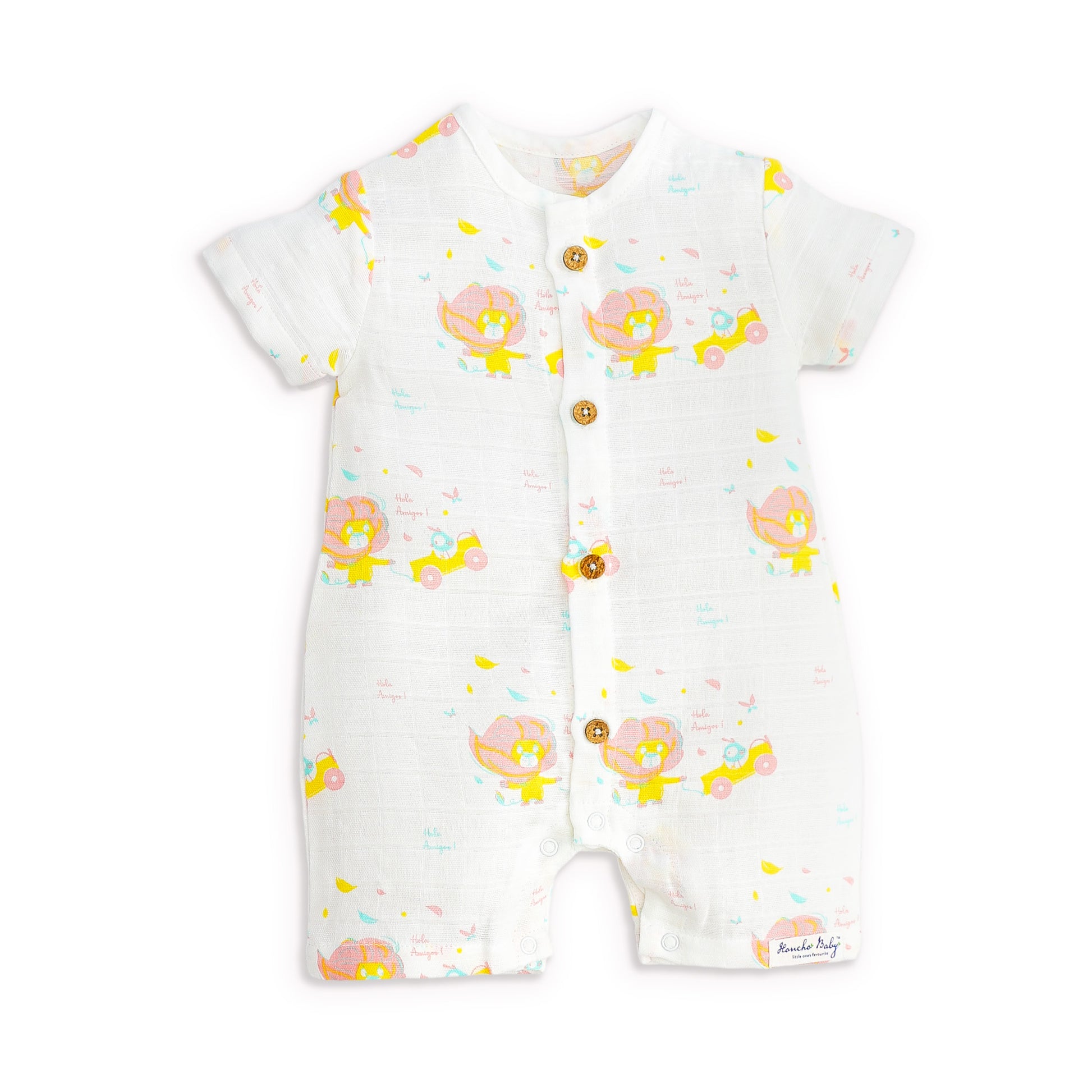 Baby romper with colorful lion print on a white background