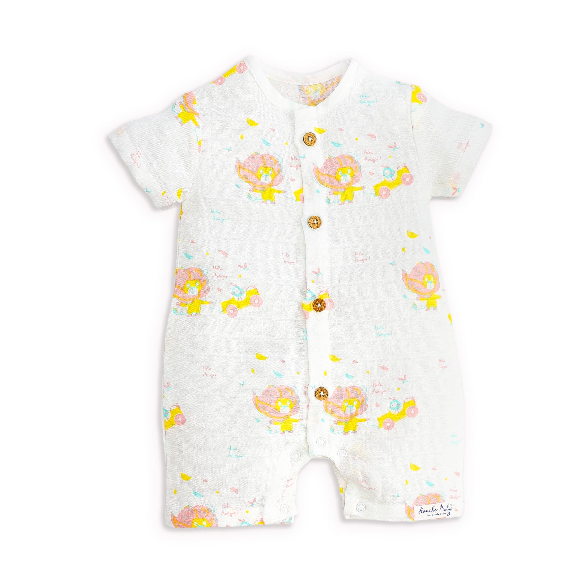 Baby romper with colorful lion print on a white background