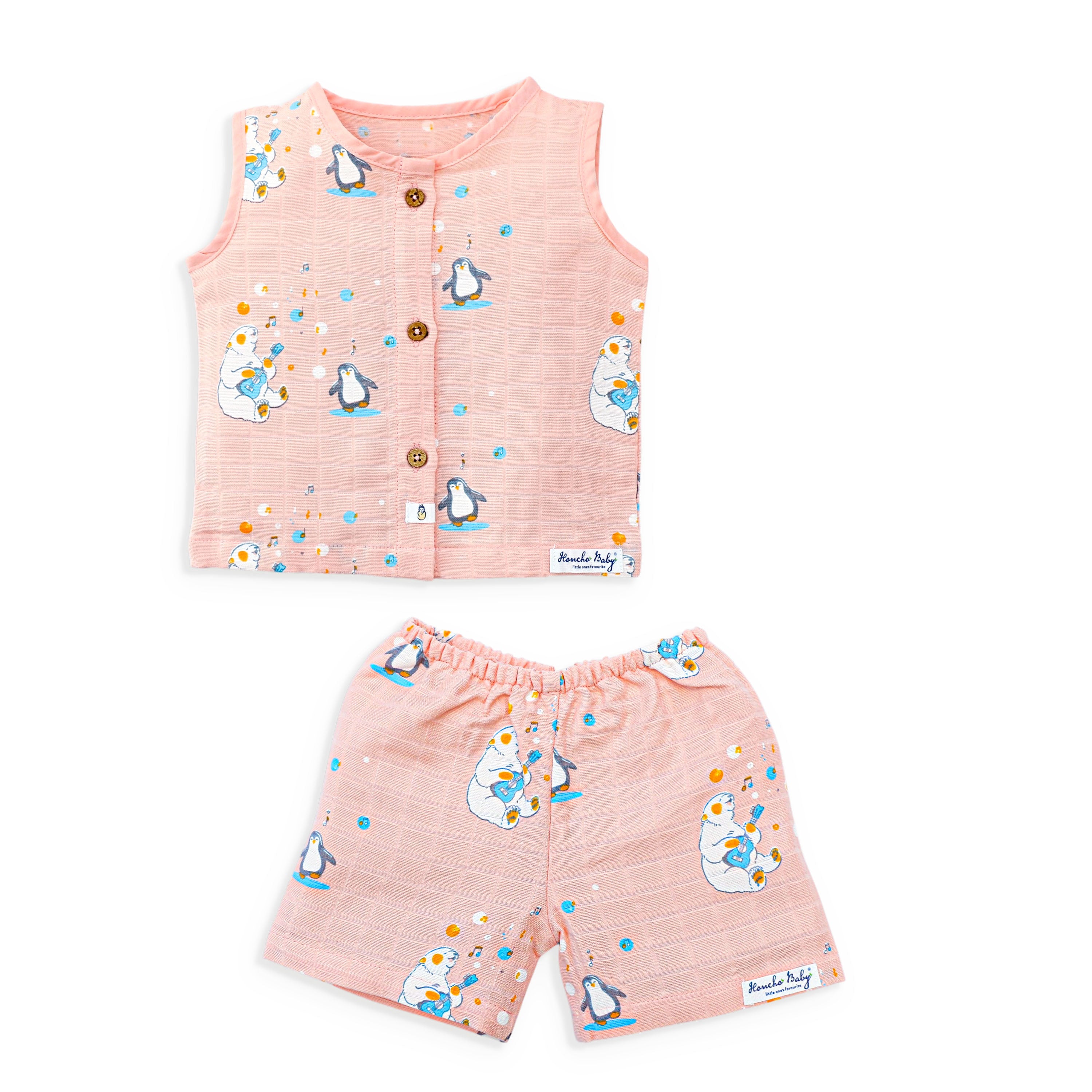 Muslin cotton sleeveless baby top and shorts set with penguin print soft breathable summer outfit for infants