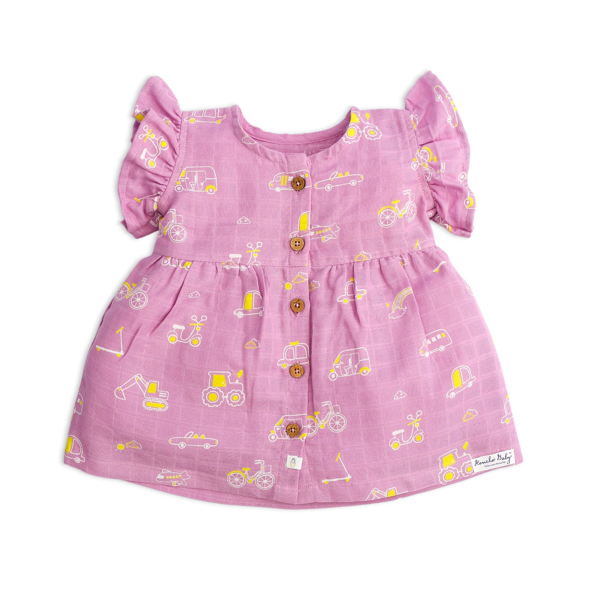 Pink dress with vehicle pattern muslin frill sleeve baby frock  button-front closure for 0-5 years