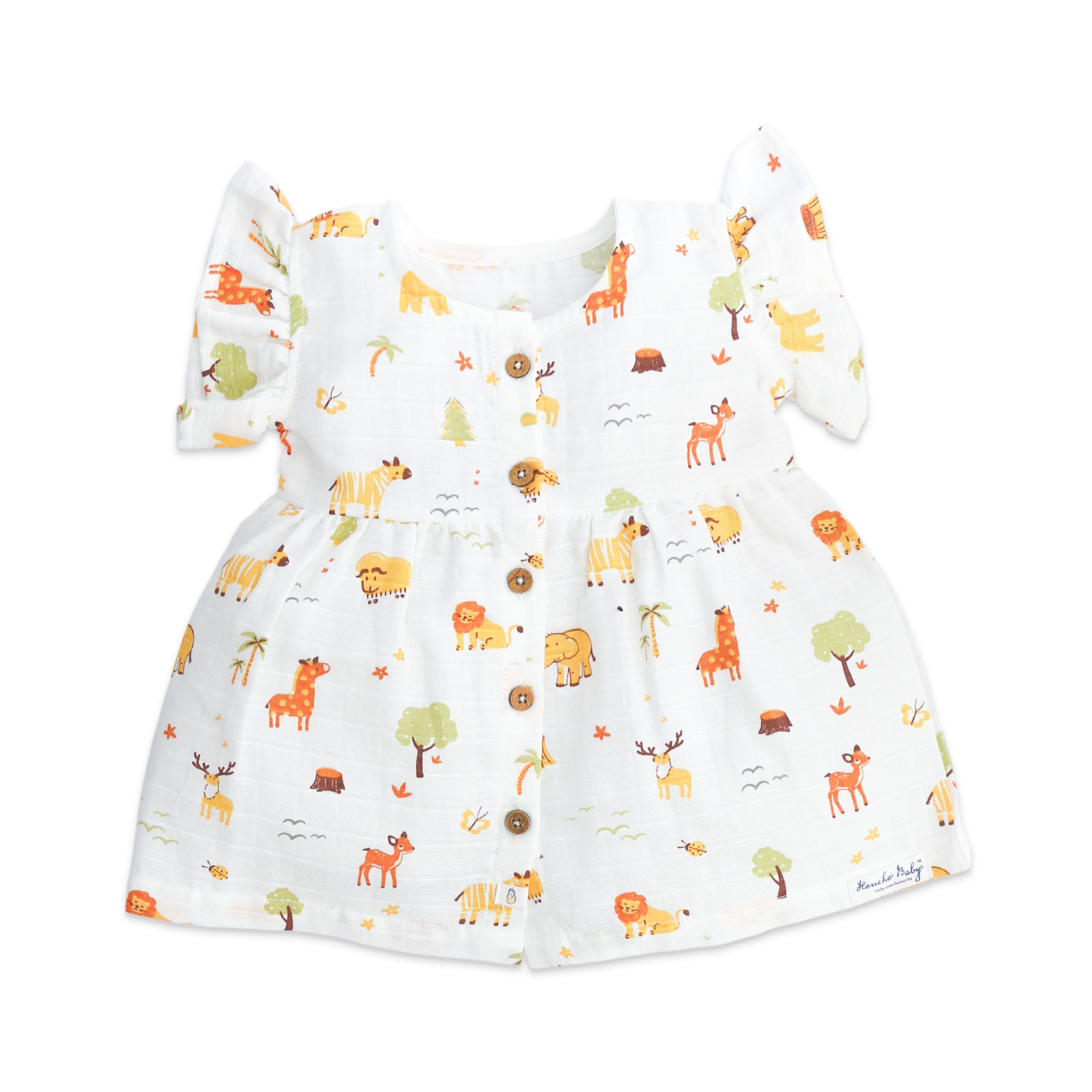 Children's girls dress with animal pattern on a muslin cotton fabric
