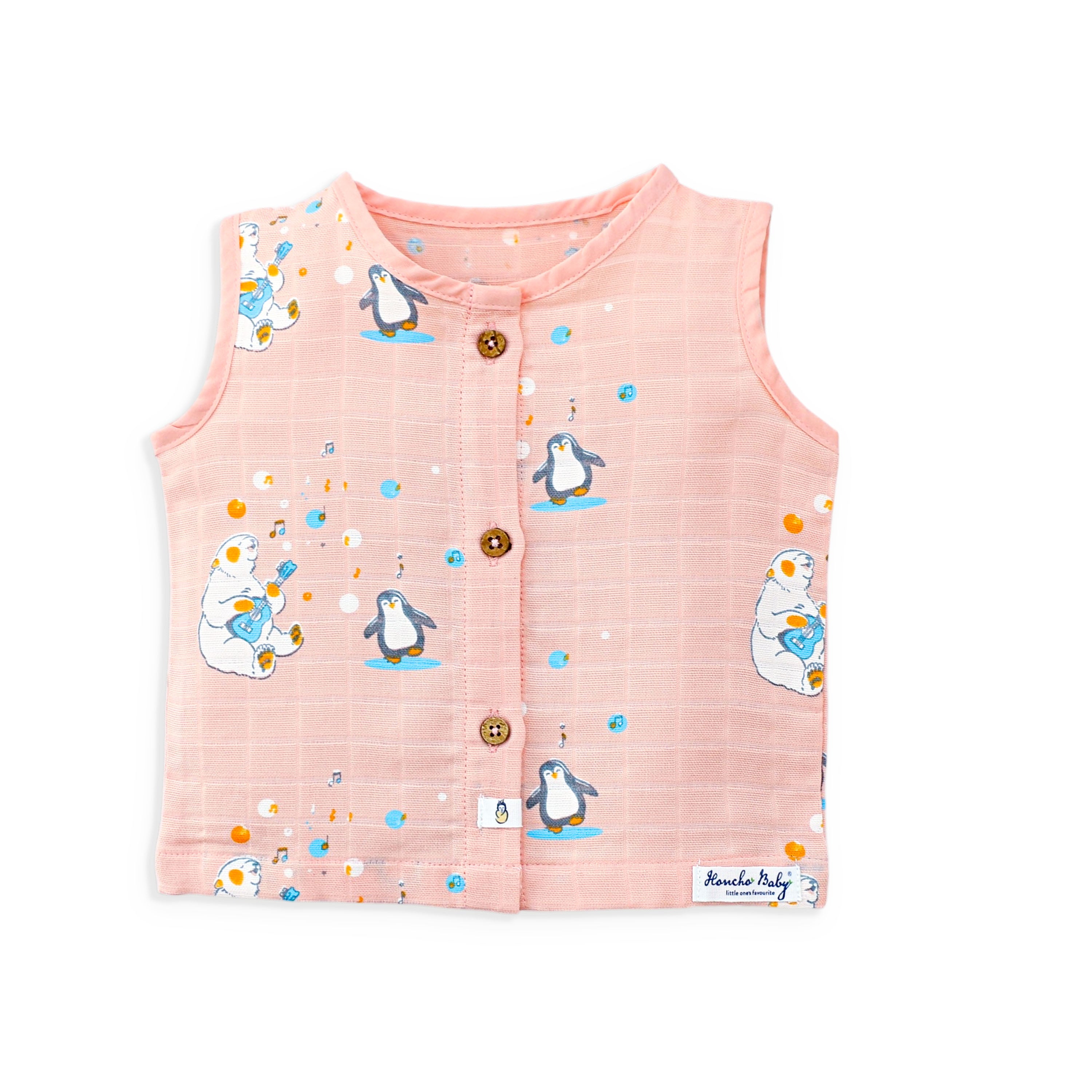 Muslin cotton sleeveless baby top with penguin print soft breathable infant summer wear