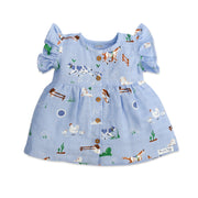cotton Baby girl frock in farm animals print featuring horses cows sheep on blue muslin with puff sleeves