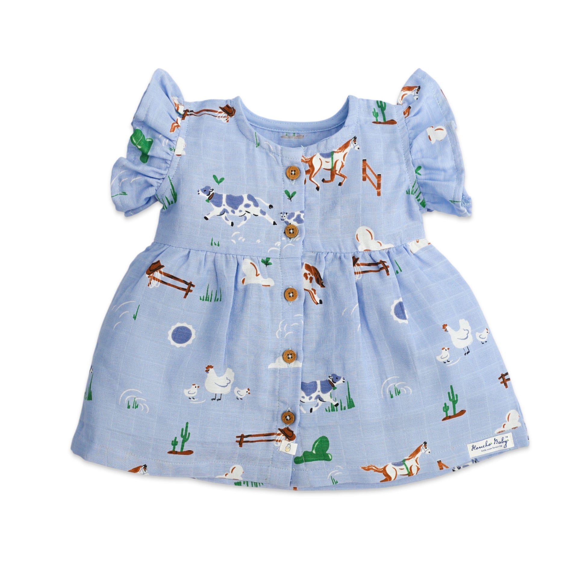 cotton Baby girl frock in farm animals print featuring horses cows sheep on blue muslin with puff sleeves