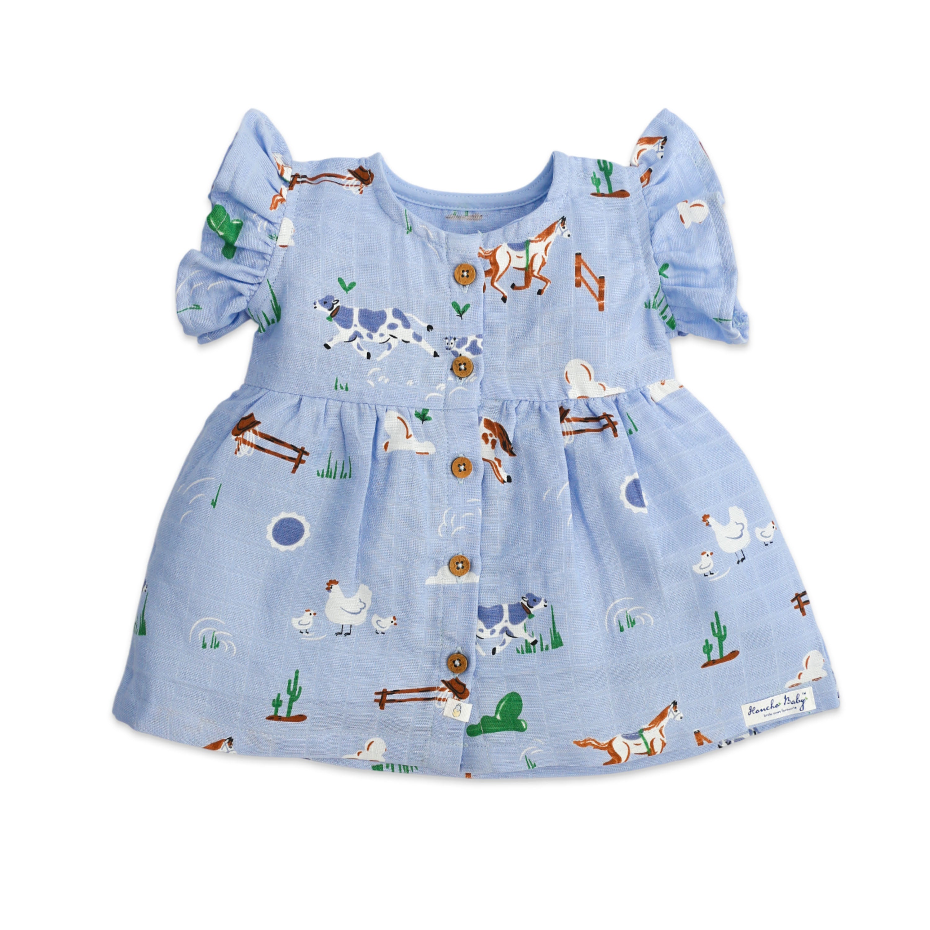 cotton Baby girl frock in farm animals print featuring horses cows sheep on blue muslin with puff sleeves
