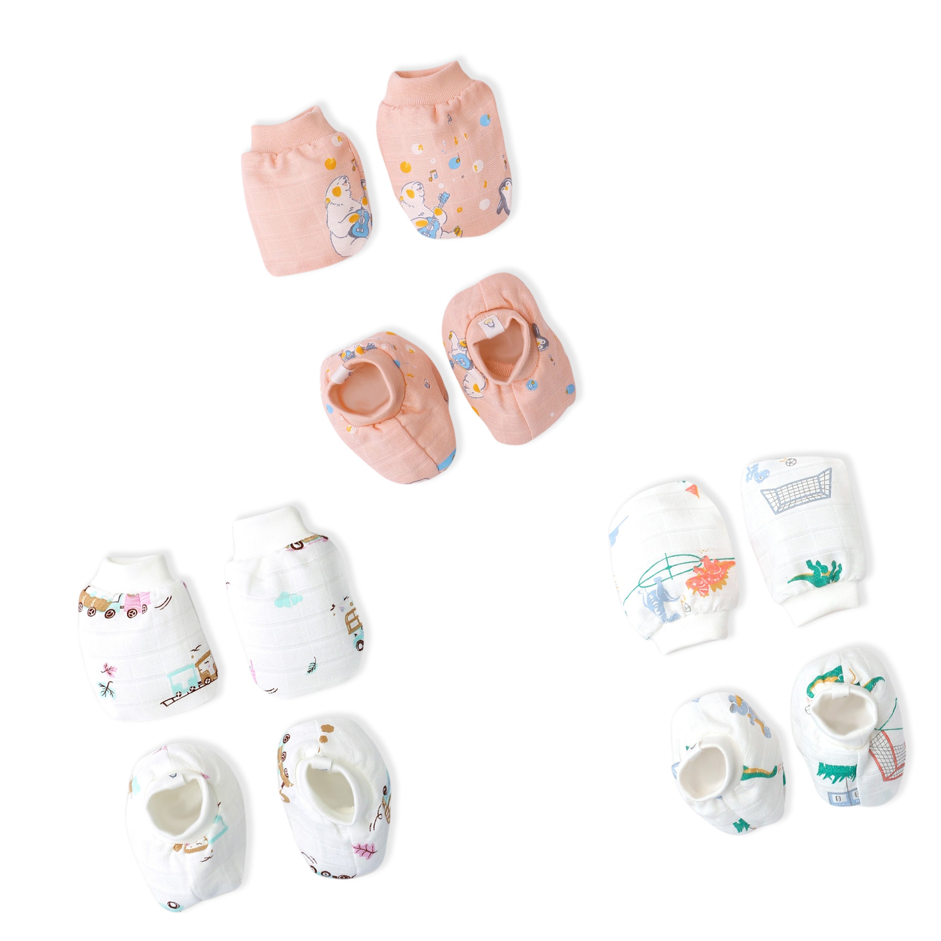 Baby Mittens and Booties 3 Pack Set ( 0 - 3 months ) 100% Cotton -  Happy Days Combo