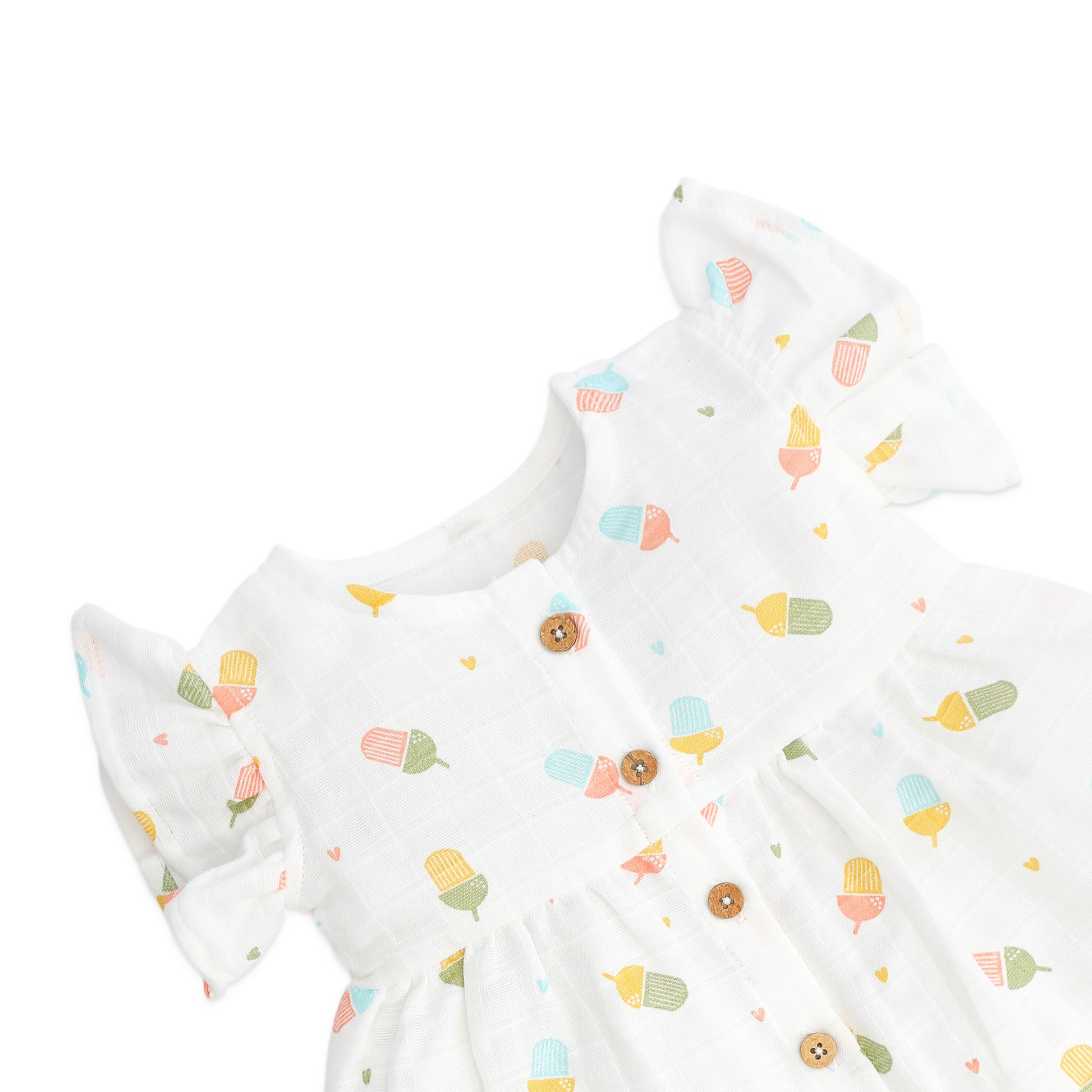 frill frock closeup with colorful ice cream pattern on a white background