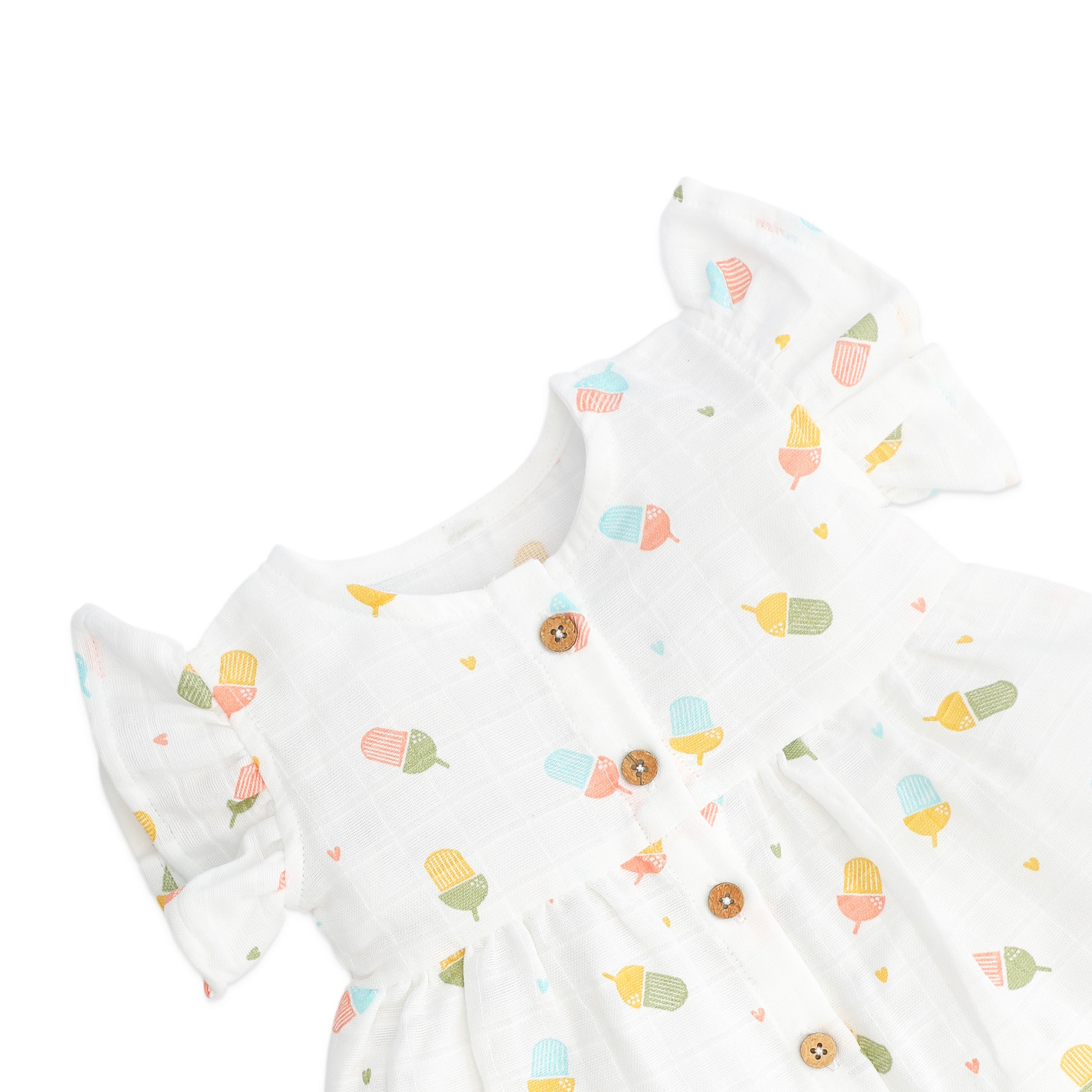 frill frock closeup with colorful ice cream pattern on a white background