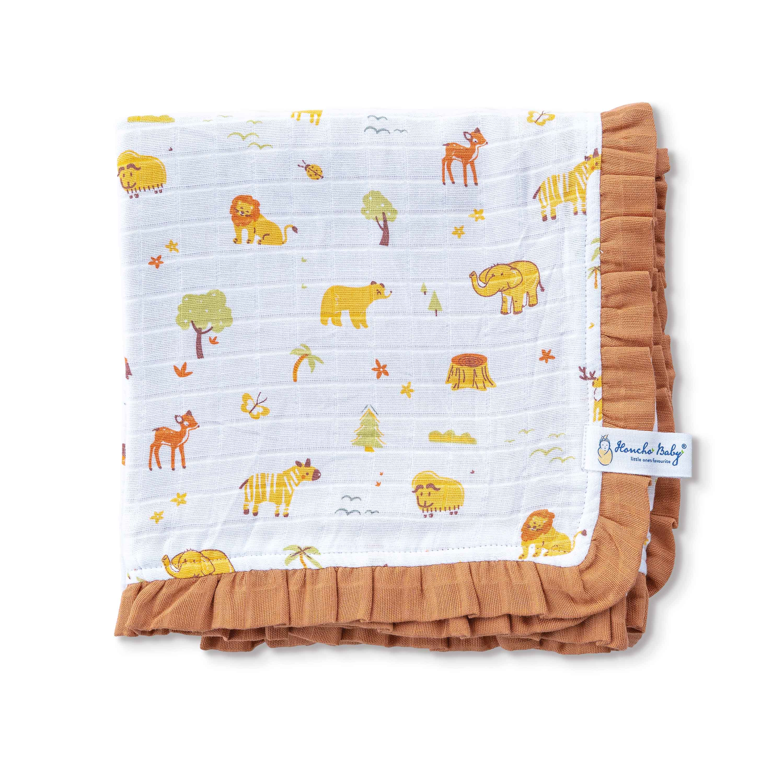 Tiny Jungle Adventur -  Brown Frill Reversible Muslin Blanket/Quilt