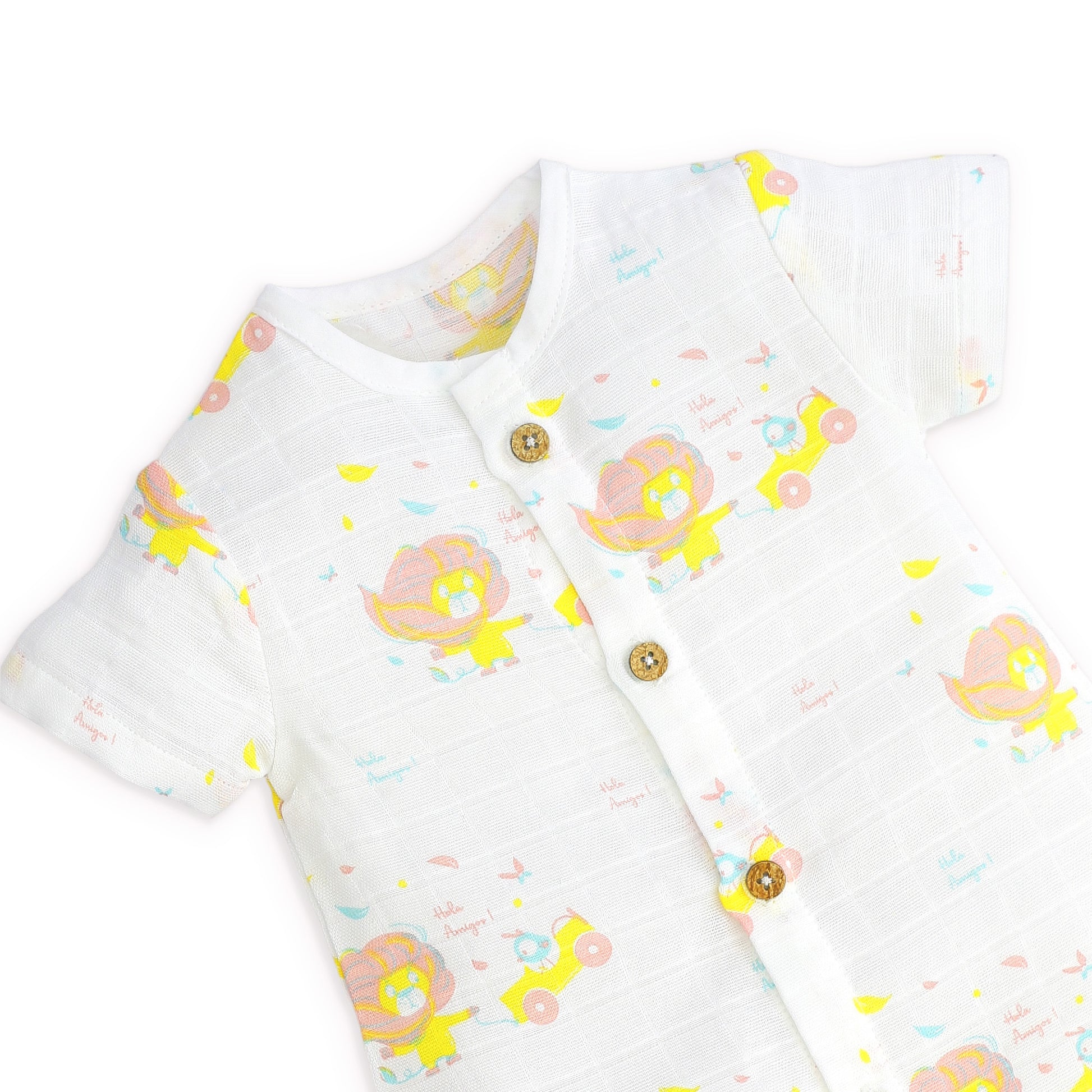 Baby outfit with colorful shell pattern on a white background