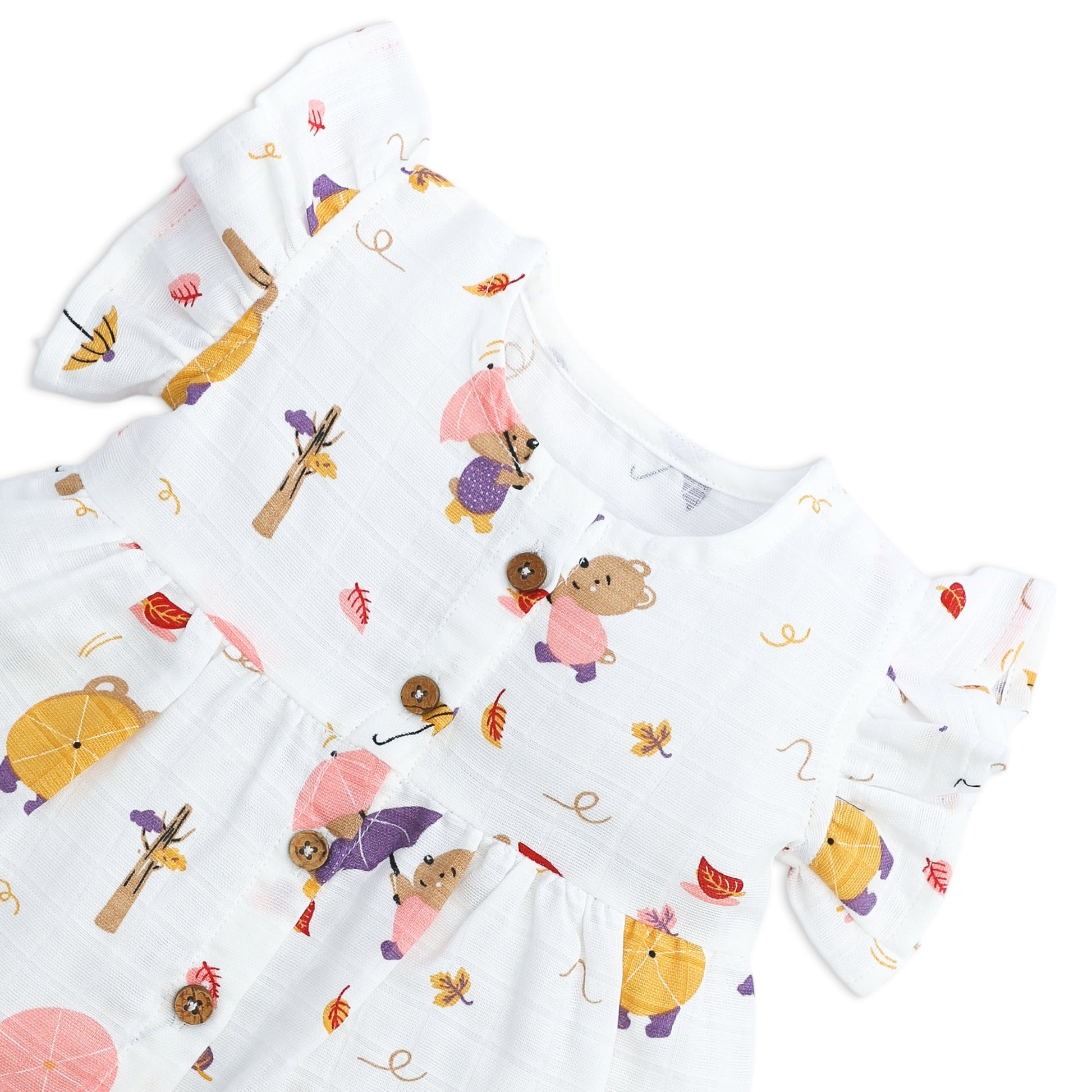 Teddy's Windy Walk girls frock muslin fabric detail close-up 