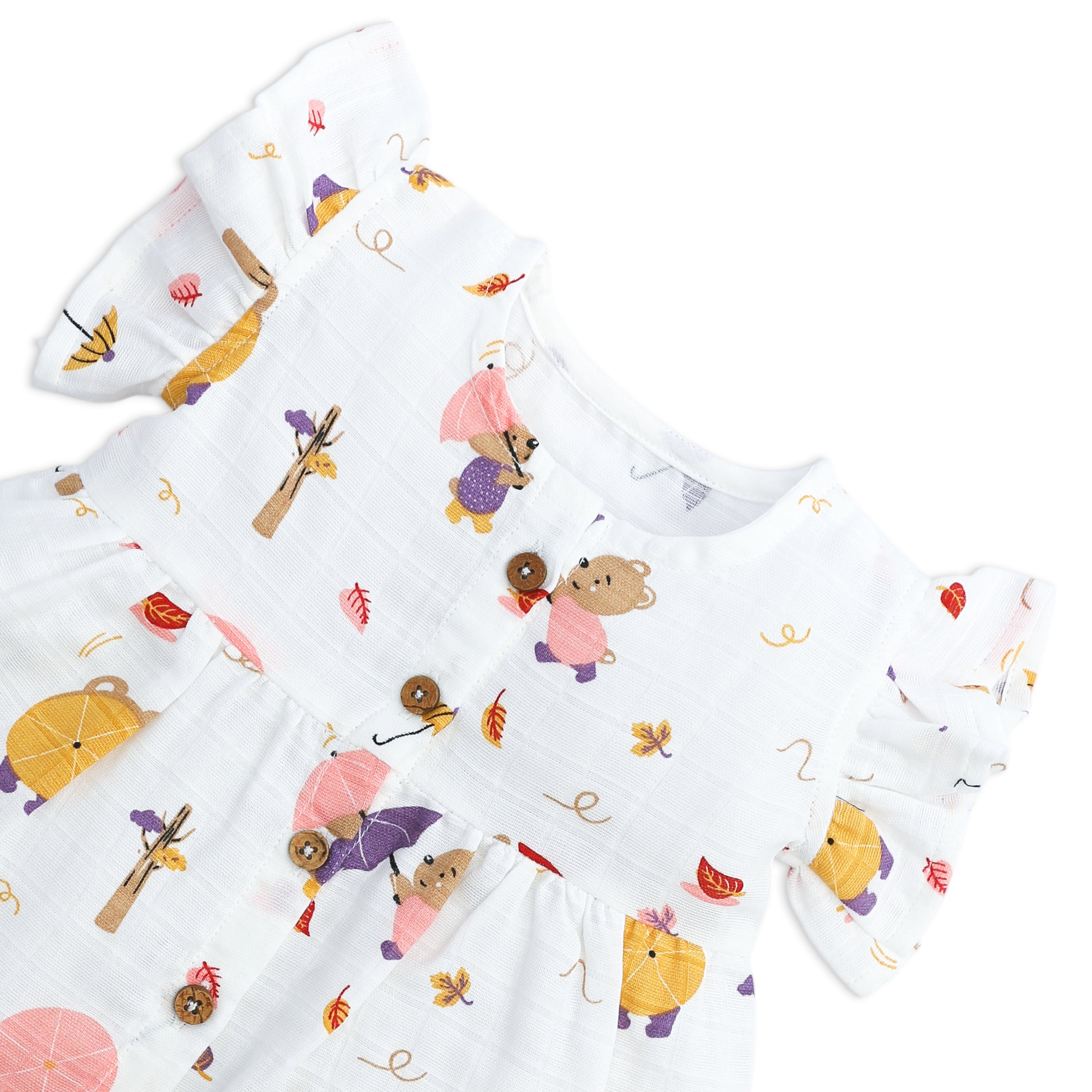 Teddy's Windy Walk girls frock muslin fabric detail close-up 