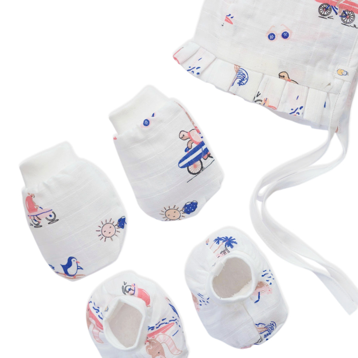 Baby Cap, Mittens and booties Set - Tiny Surf Club (0-3 Months)