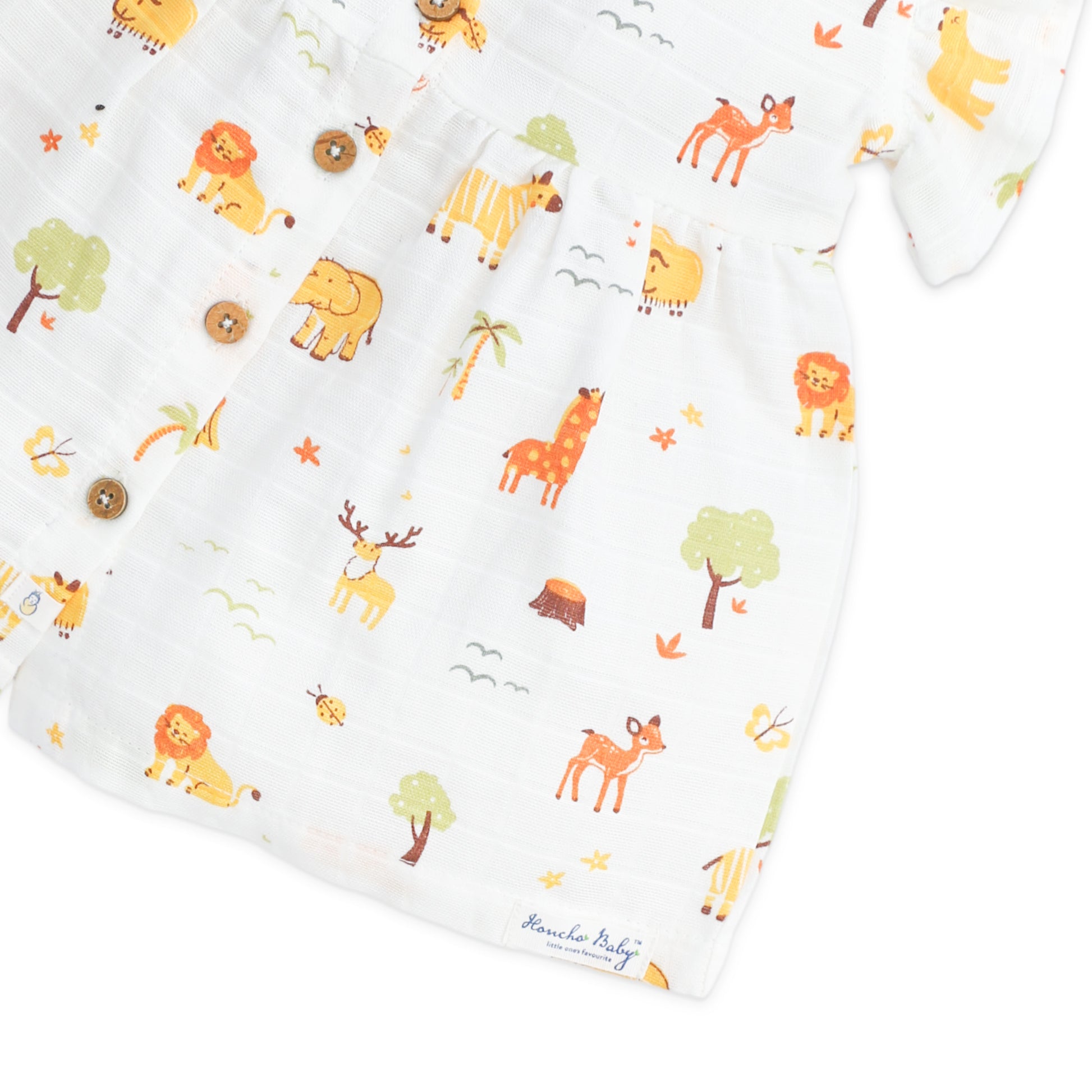 Detailed view of baby animals print on premium muslin cotton with honcho baby brand name 