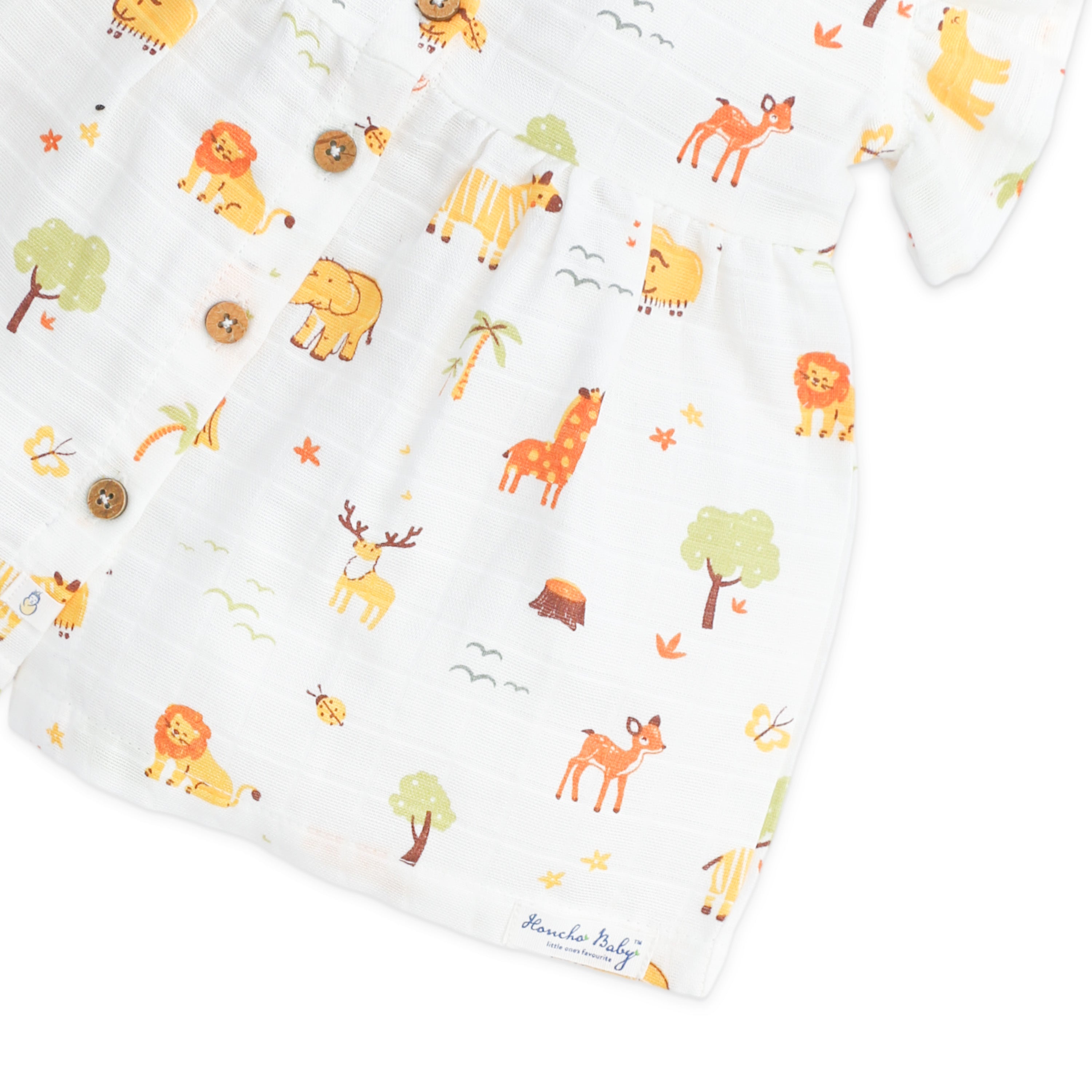 Detailed view of baby animals print on premium muslin cotton with honcho baby brand name 