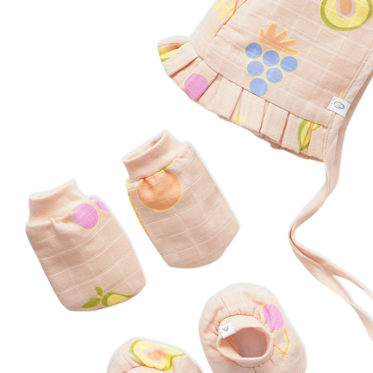 Baby Cap, Mittens and booties Set - Fruit Hugs (0-3 Months)