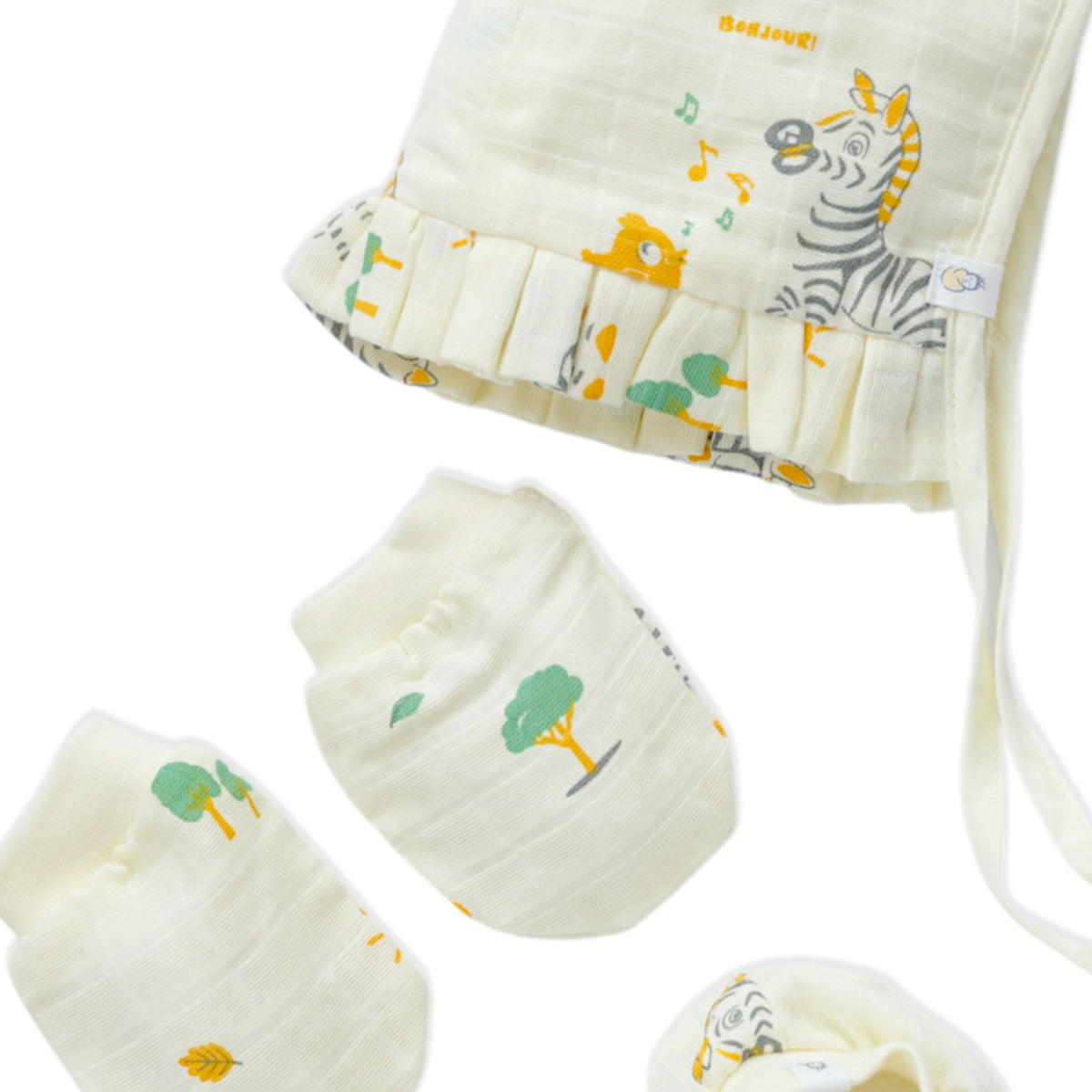 Baby Cap, Mittens and booties Set - Zebra Tales (0-3 Months)