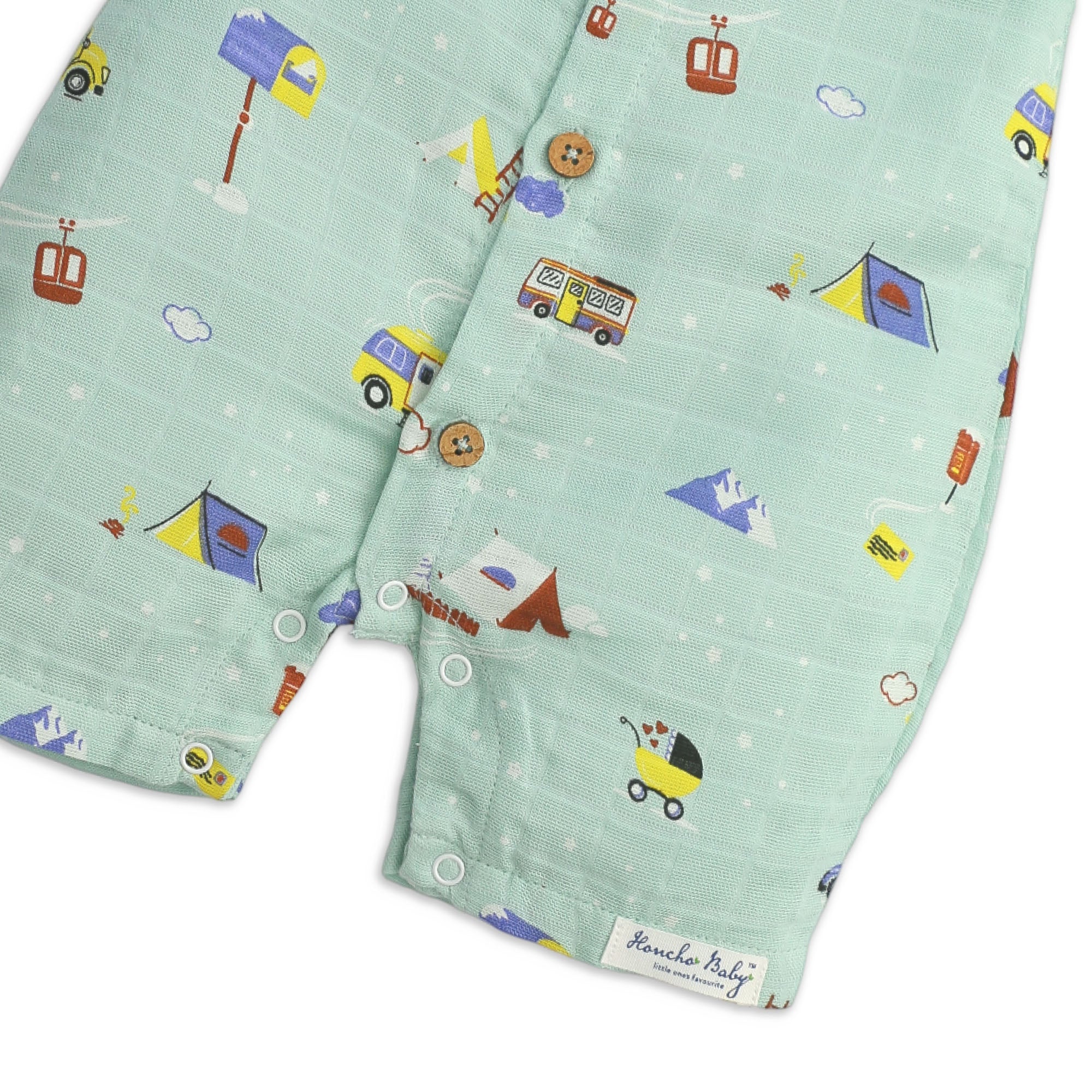 Secure snap button closures and Honcho Baby branding on organic baby romper