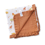 Tiny Jungle Adventur -  Brown Frill Reversible Muslin Blanket/Quilt