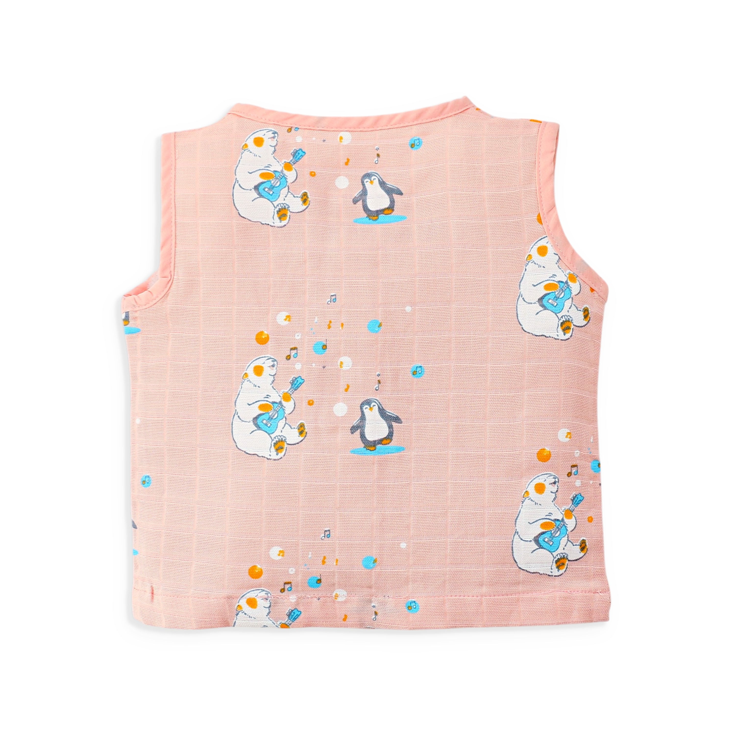 Muslin cotton baby sleeveless top back view with penguin print soft breathable infant wear