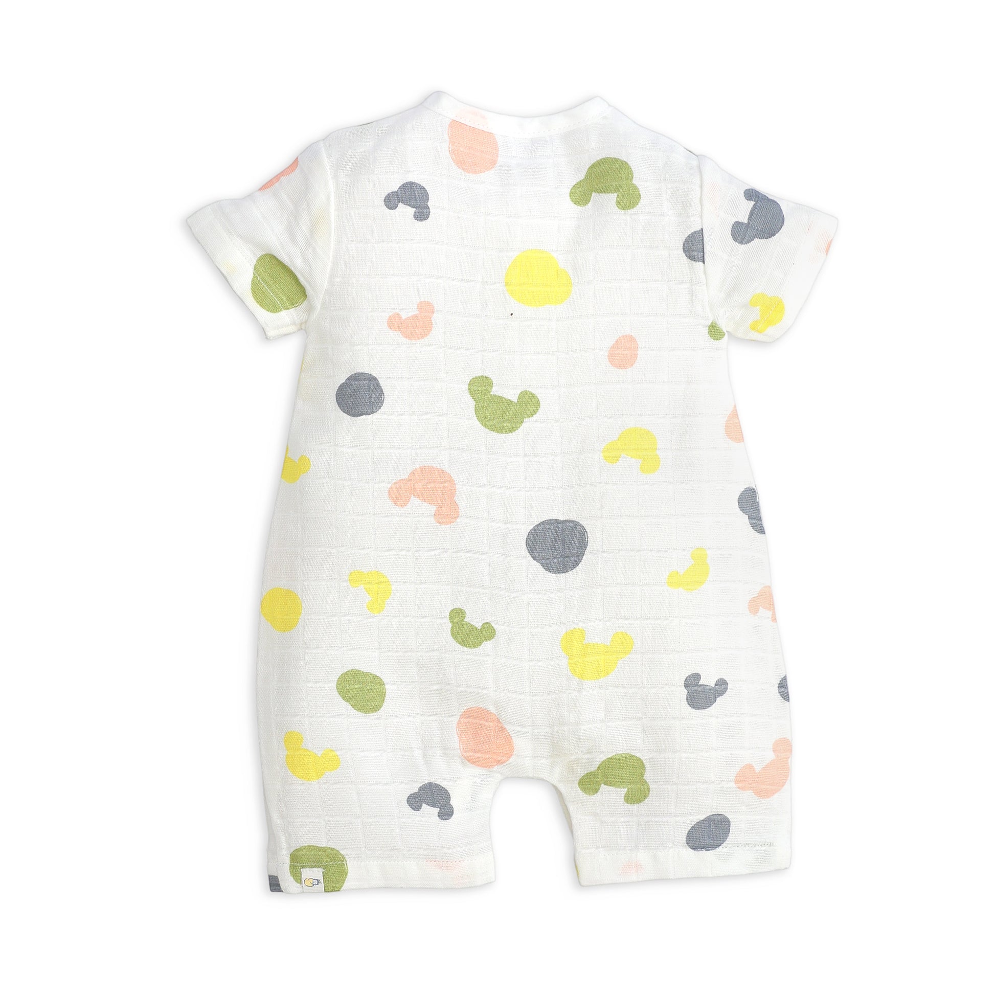 Baby romper with colorful animal pattern on a white background