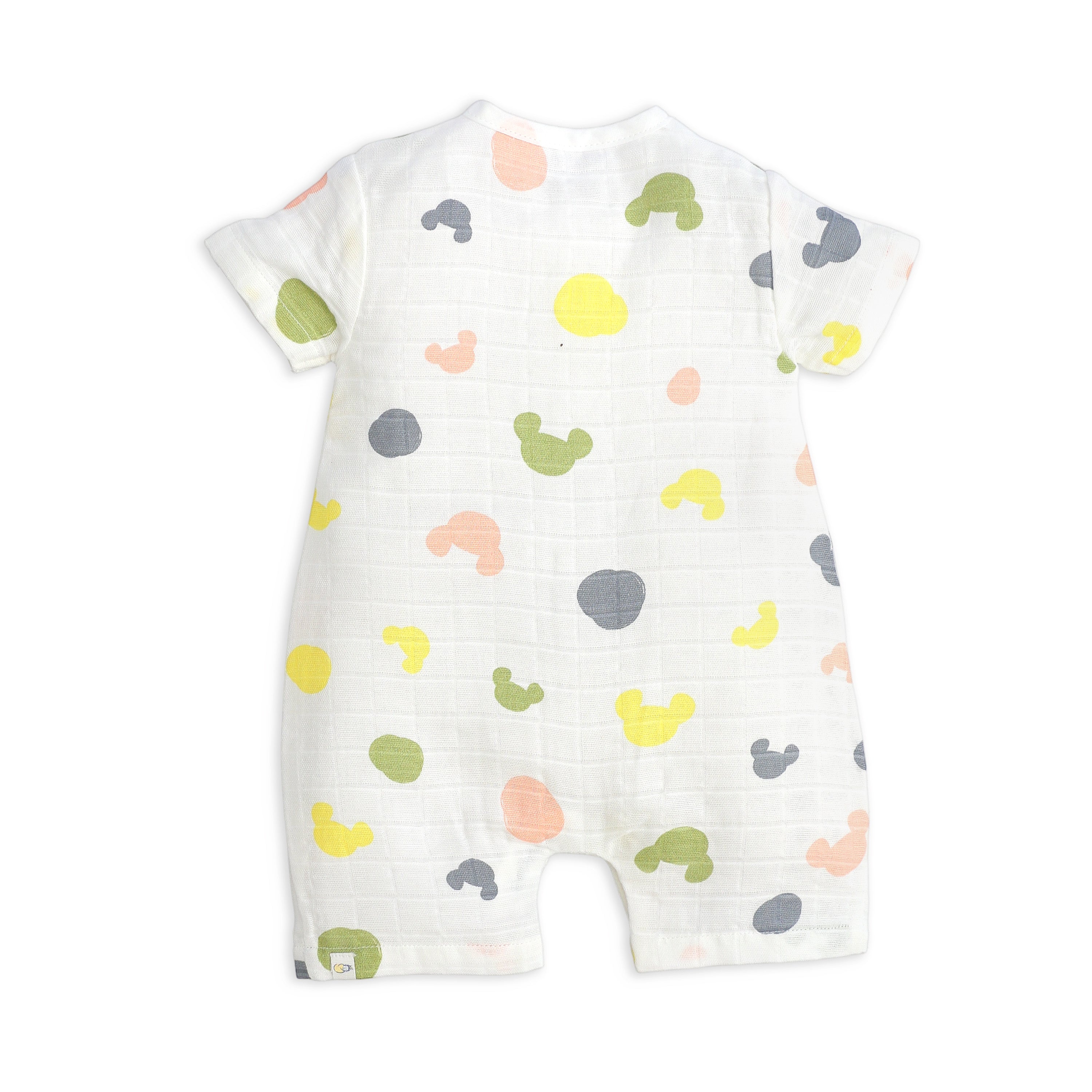 Baby romper with colorful animal pattern on a white background