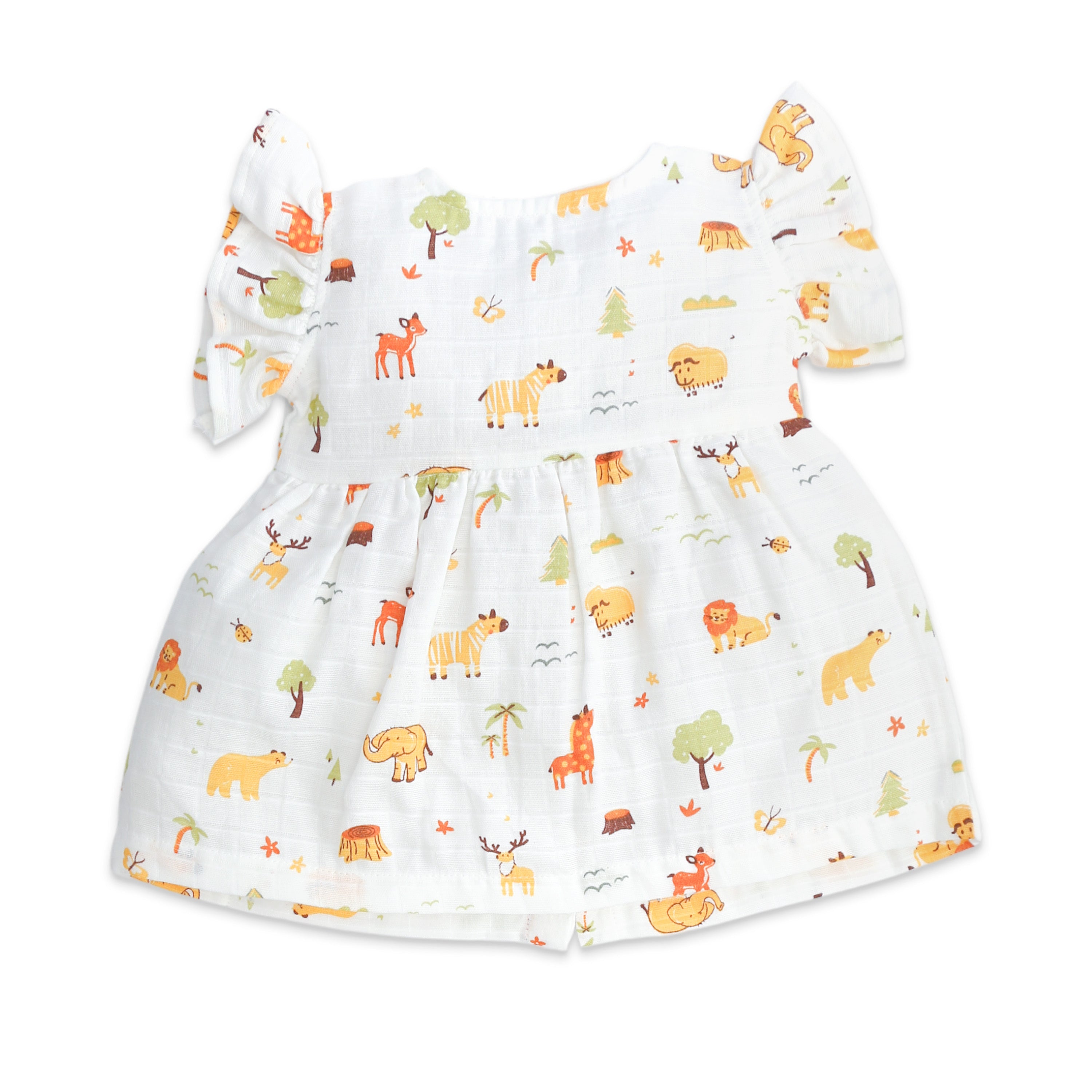 back view of premium muslin cotton frill sleeve frock featuring baby animals jungle print