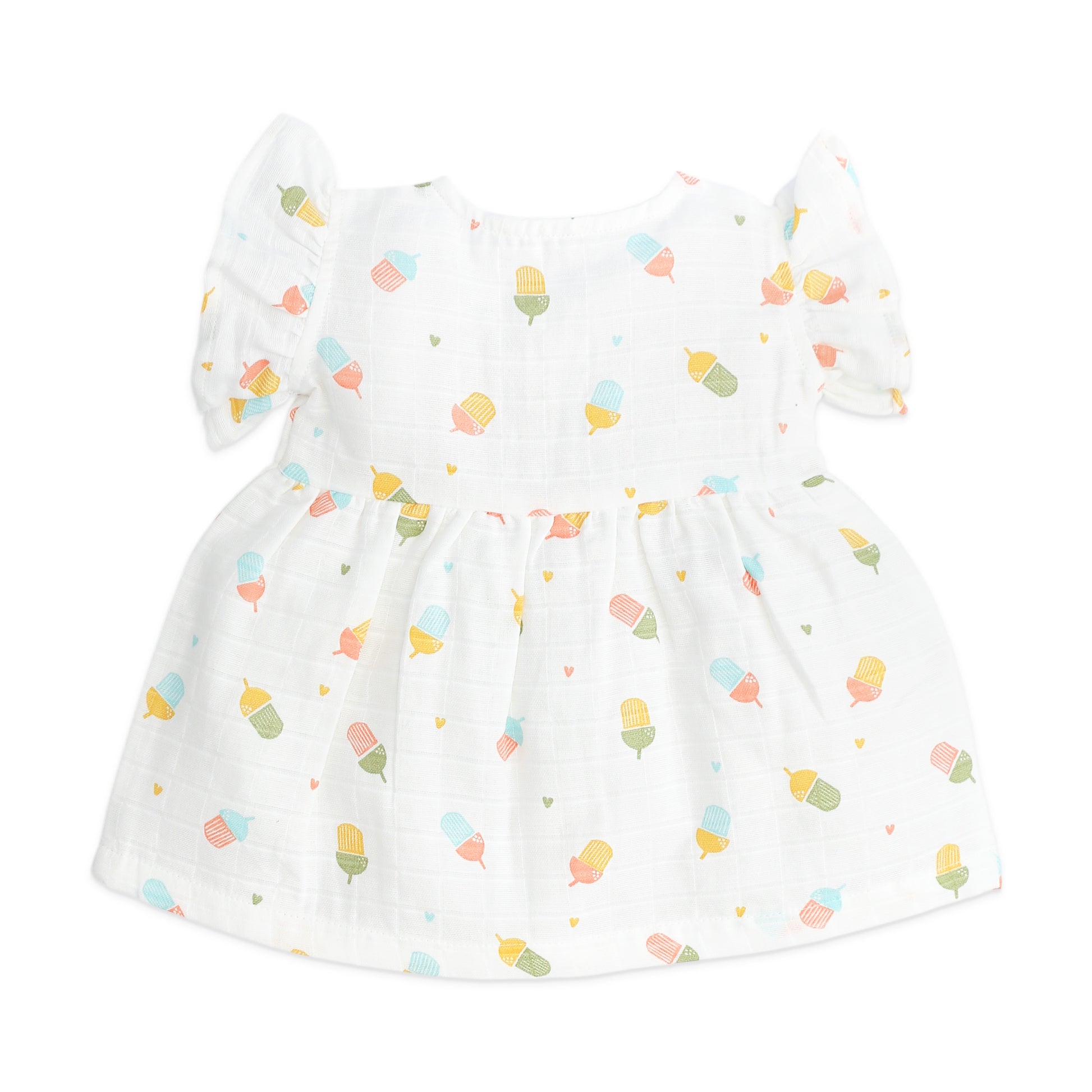 Back view of premium muslin cotton frill sleeve frock featuring ice cream pattern