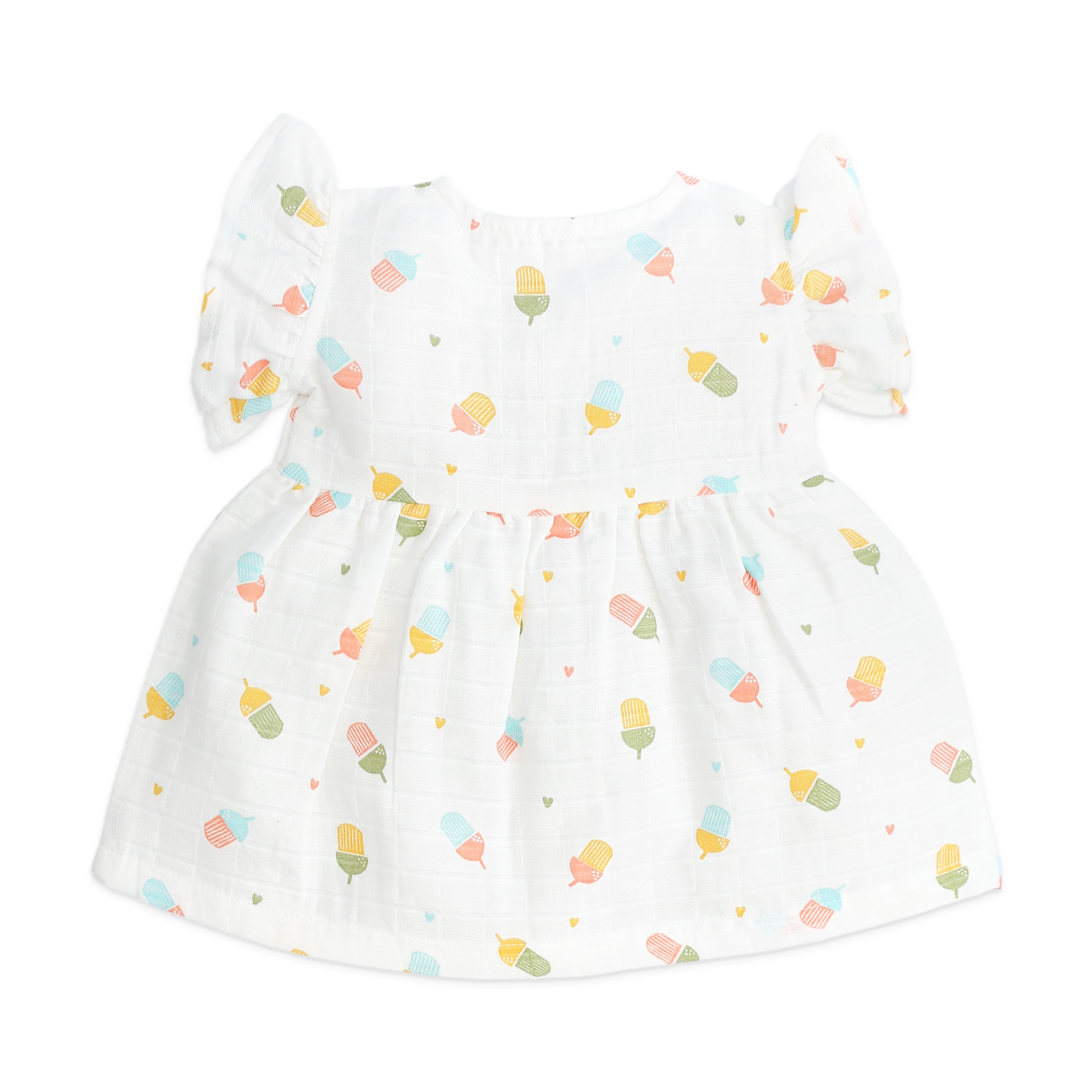 Back view of premium muslin cotton frill sleeve frock featuring ice cream pattern