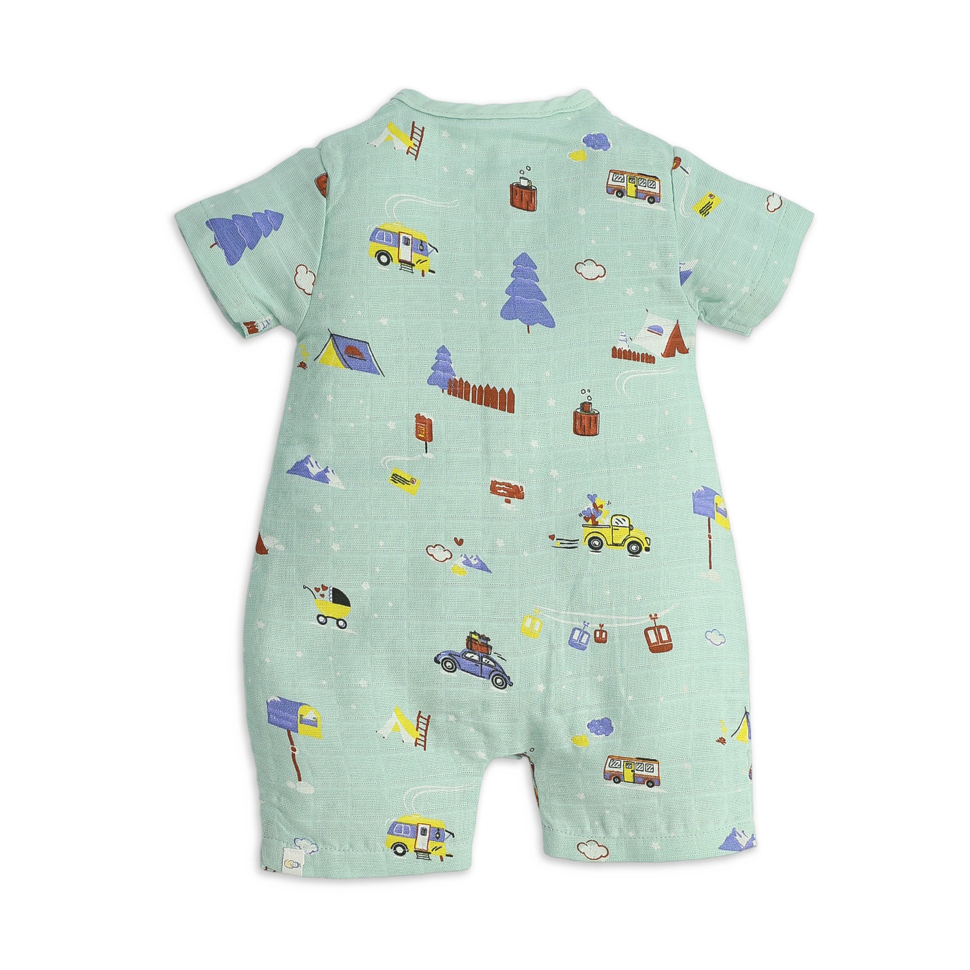 Back view of breathable muslin baby romper with all-over light blue vehicles and village pattern