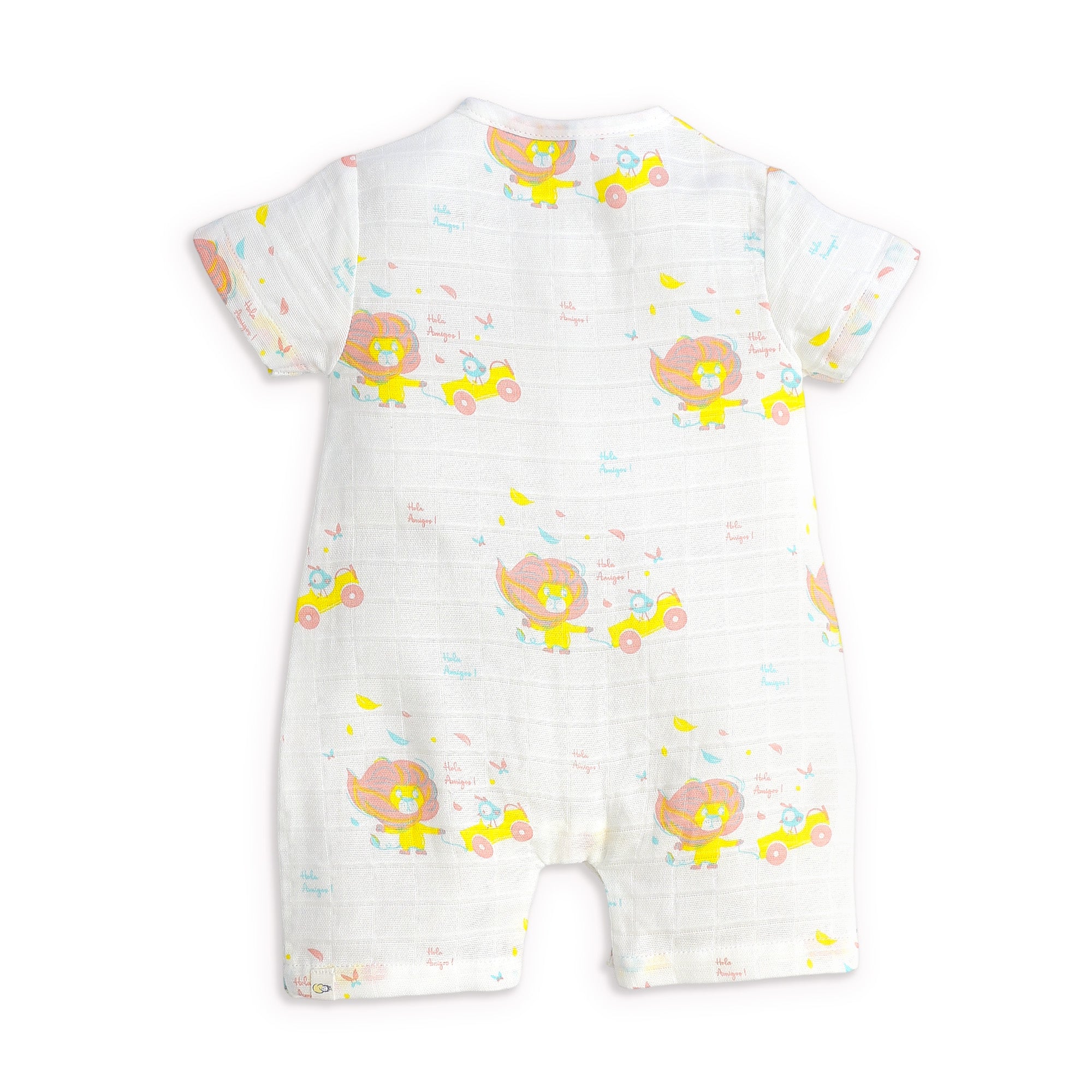 Baby romper with colorful lion print on a white background