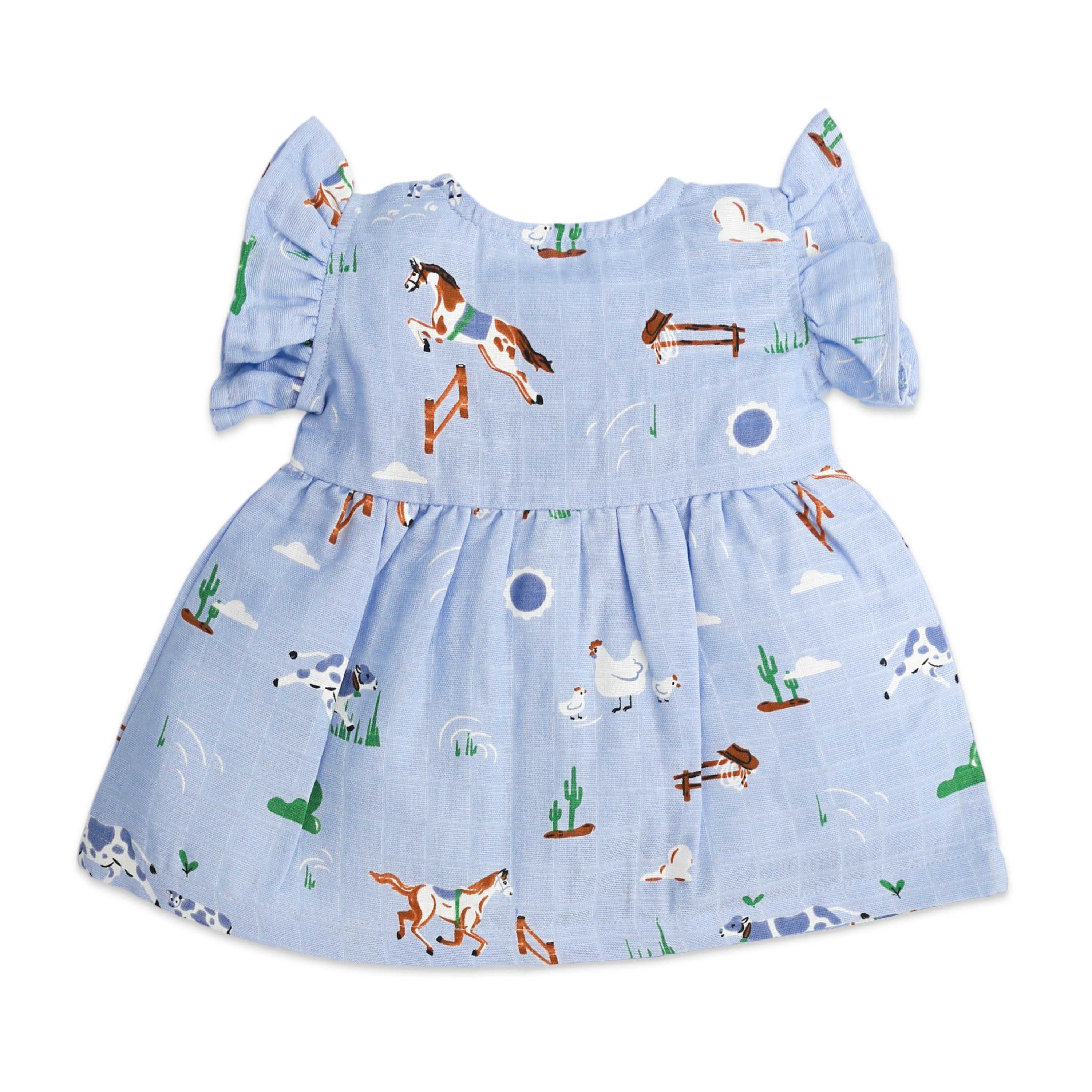Back view of baby frock in Barnyard Buddies print with farm animal pattern on blue muslin. 