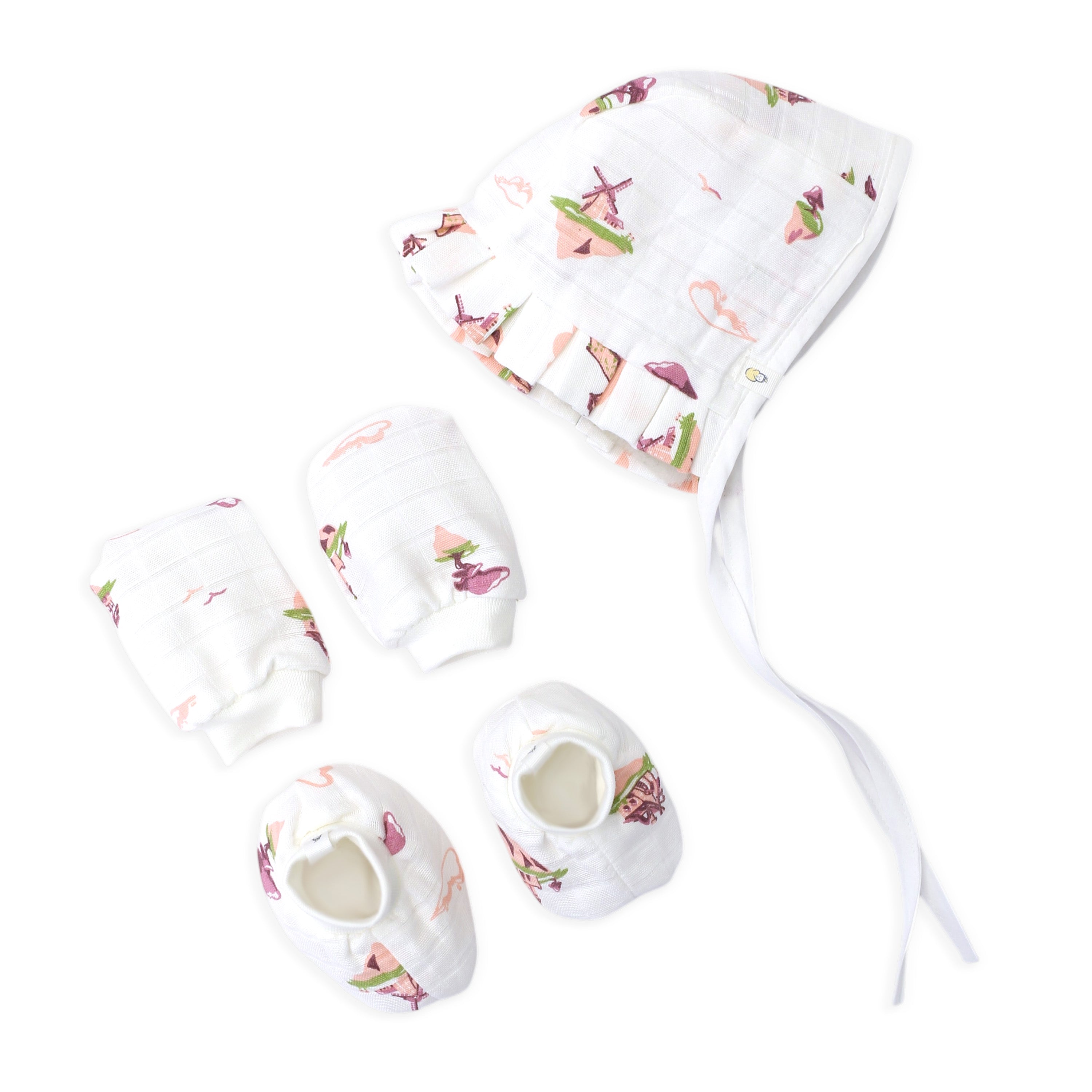 Baby Cap, Mittens and booties Set - Floating Magic Tales (0-3 Months)