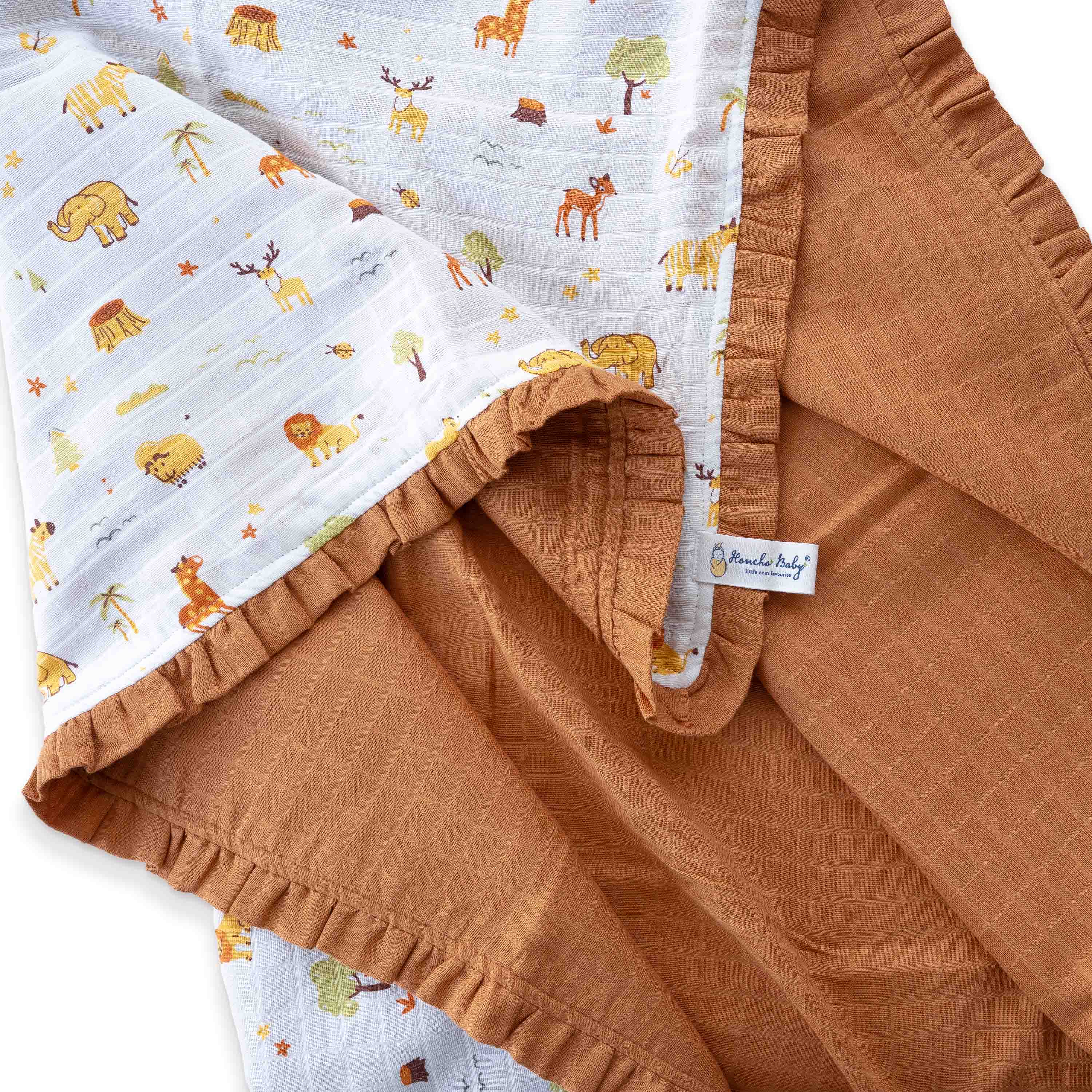 Tiny Jungle Adventur -  Brown Frill Reversible Muslin Blanket/Quilt