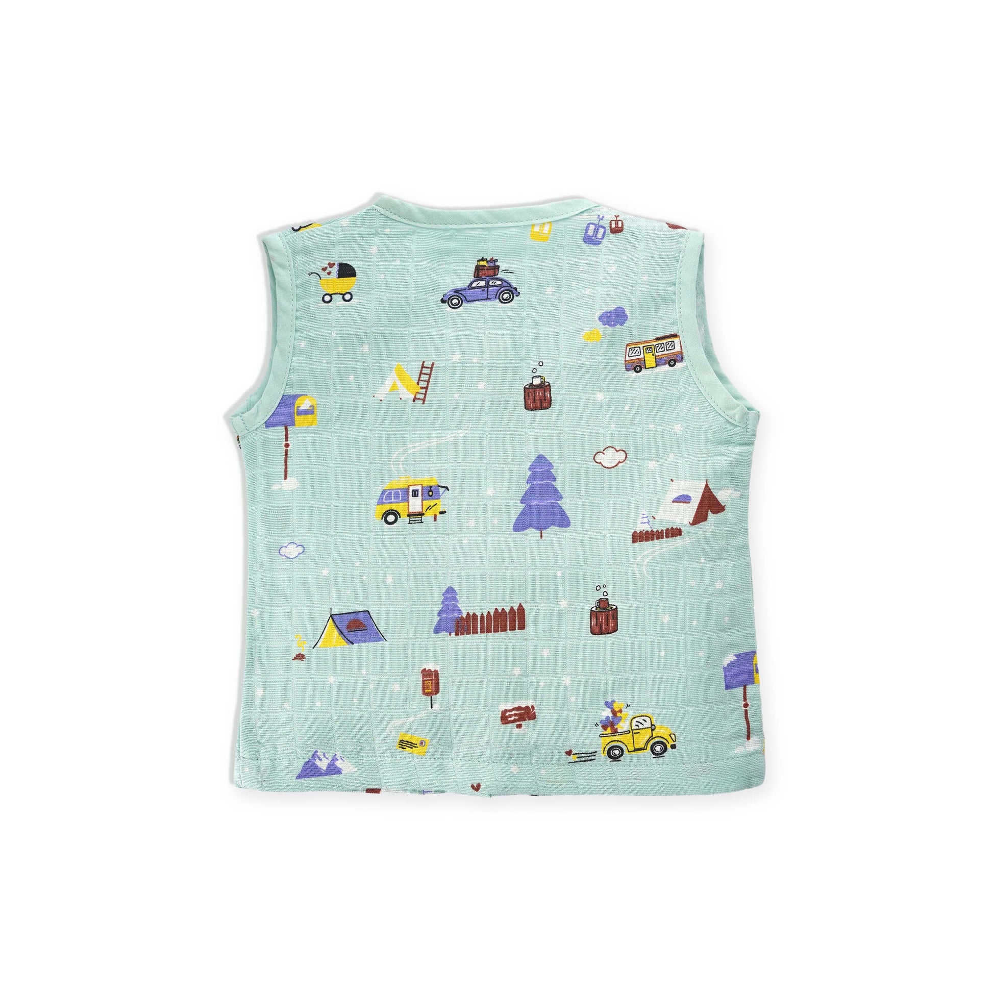 Buy soft sleeveless muslin baby top with playful vehicle print design 