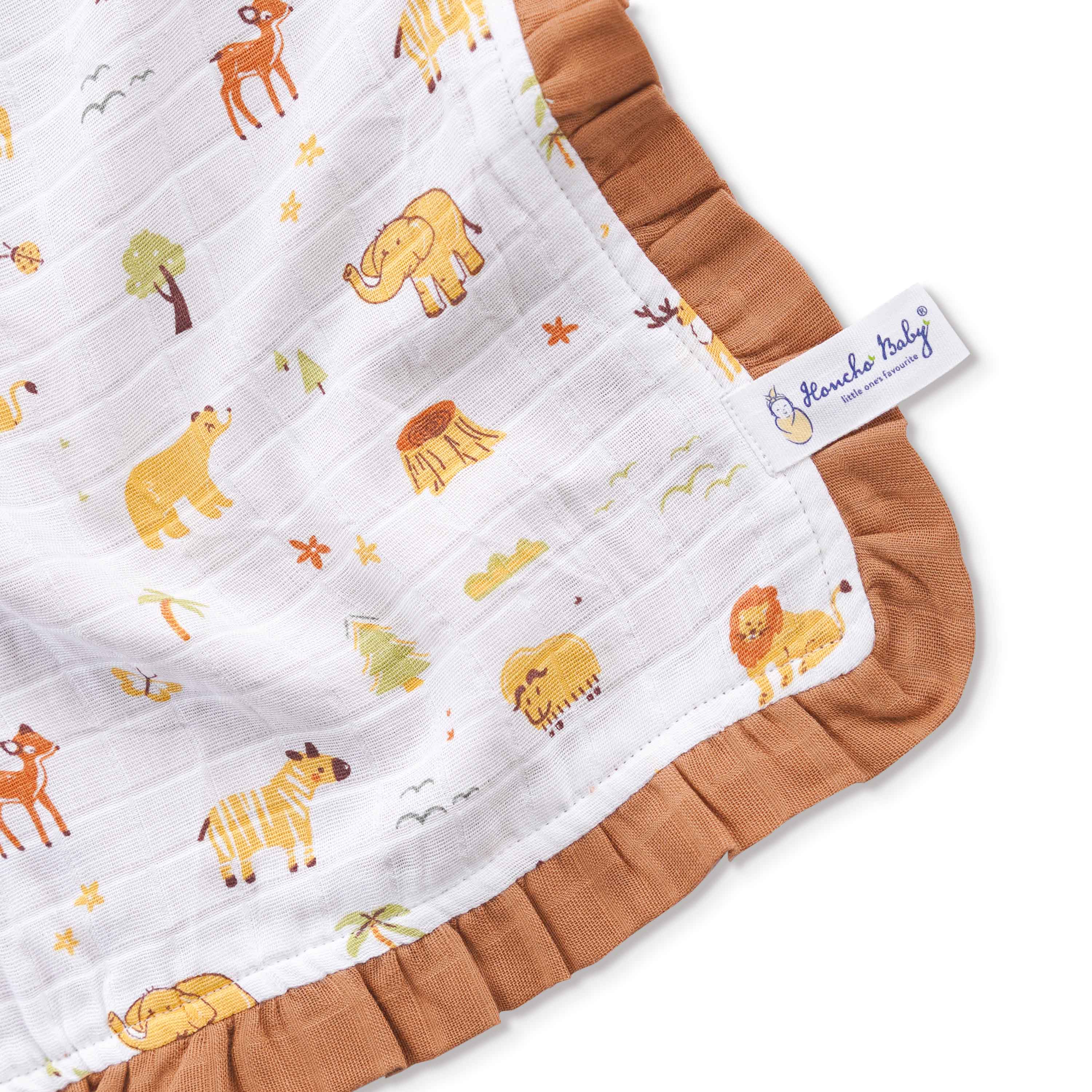 Tiny Jungle Adventur -  Brown Frill Reversible Muslin Blanket/Quilt
