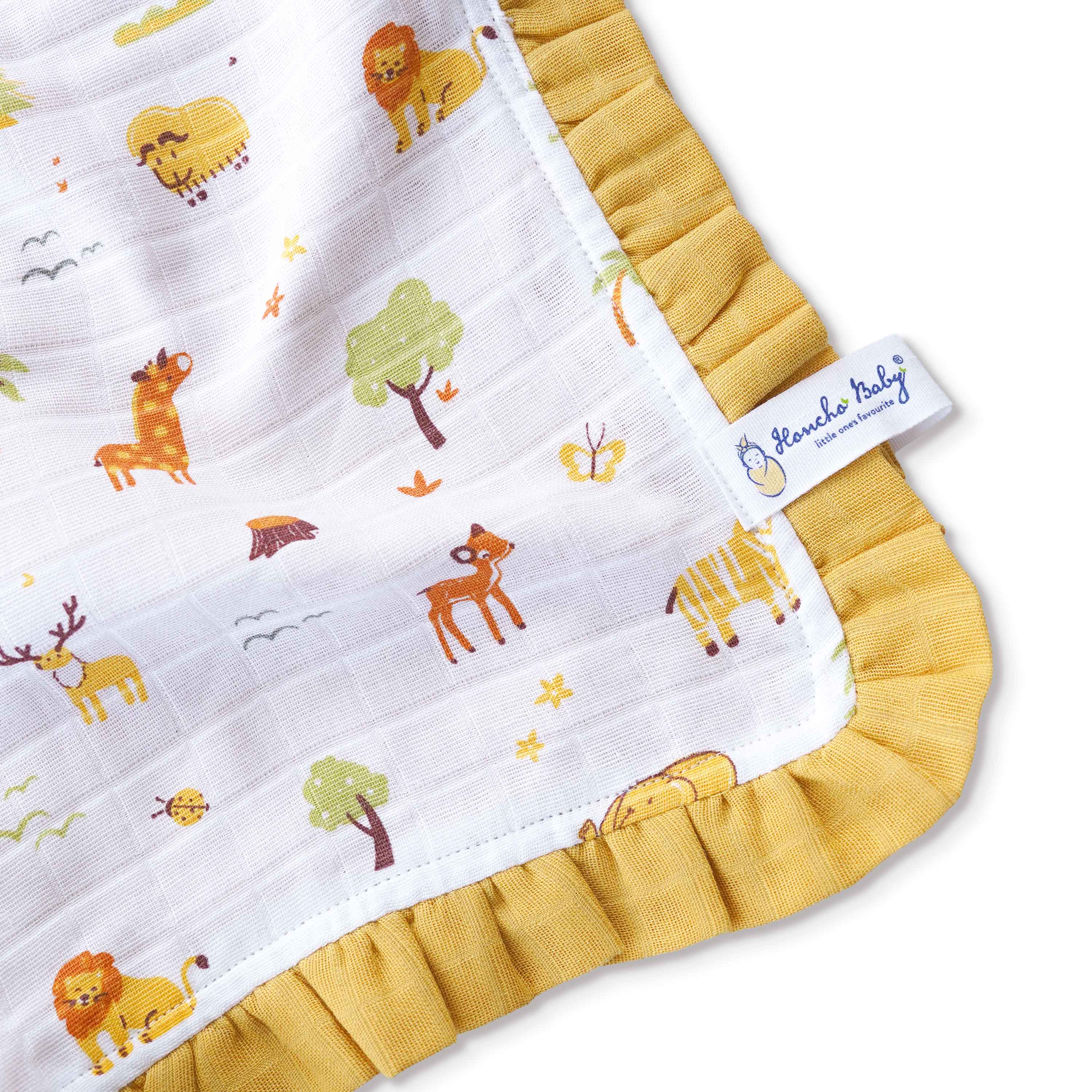 Tiny Jungle Adventure - Mustard Frill Reversible Muslin Blanket/Quilt