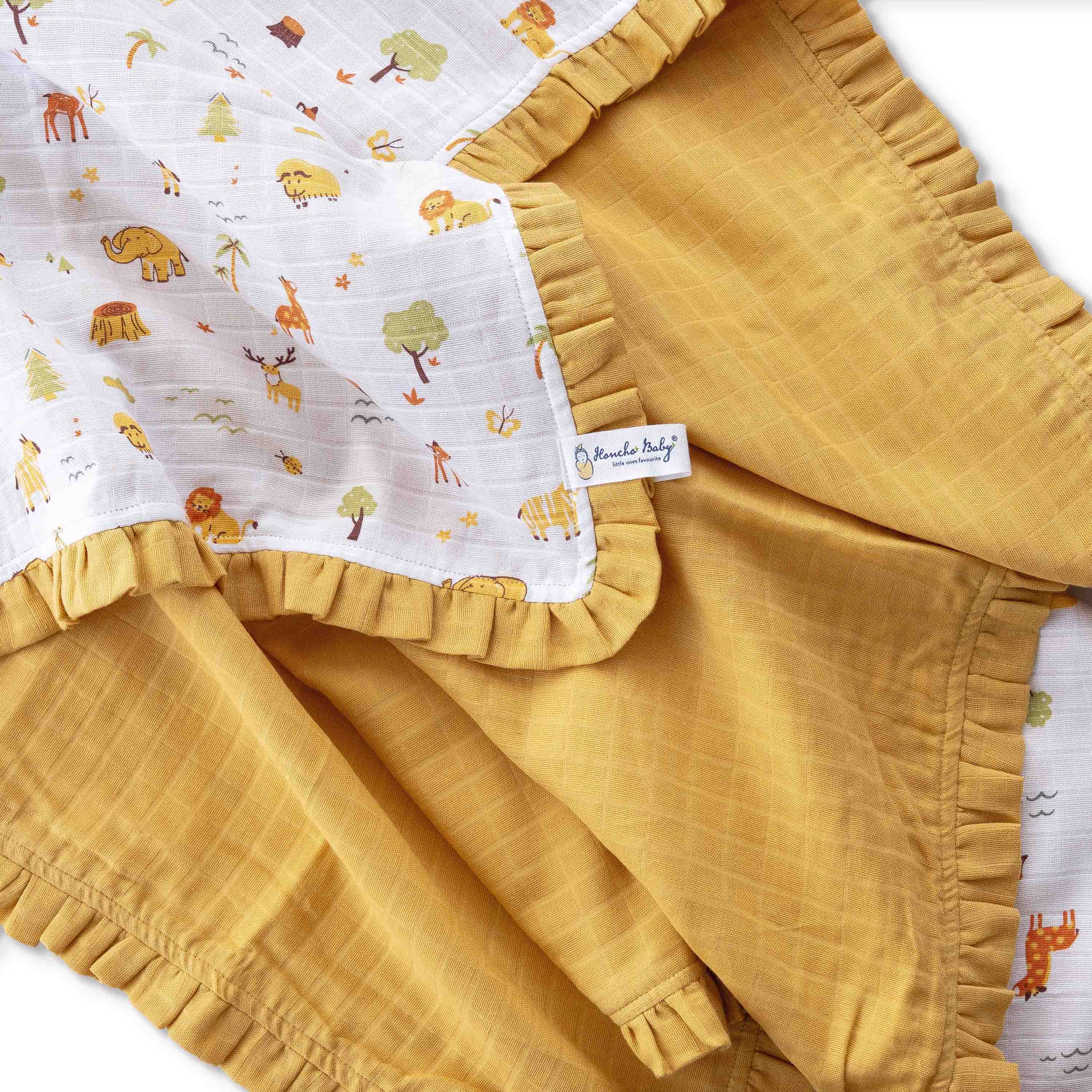 Tiny Jungle Adventure - Mustard Frill Reversible Muslin Blanket/Quilt