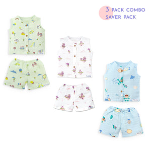 Muslin Cotton Sleeveless Top & Shorts for Babies & Toddlers Pack of 3 (Newborn–5 Years) - Dream, Drive & Play Combo