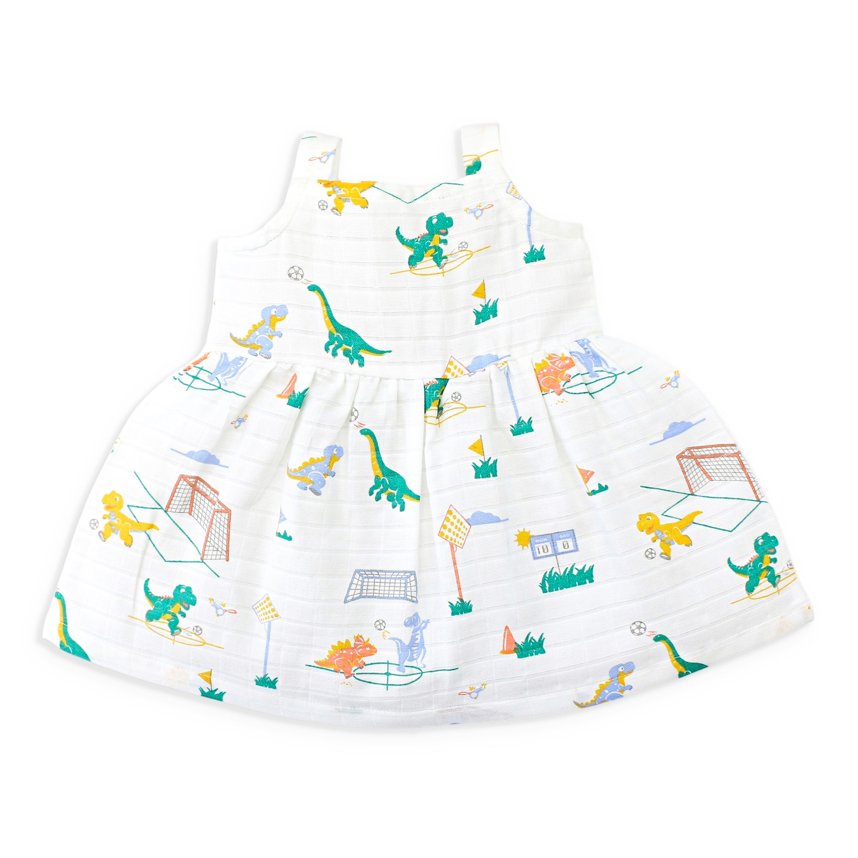 Sleeveless Muslin Cotton Frock with Bow (0 months to 5 years) - Dino & Foot ball