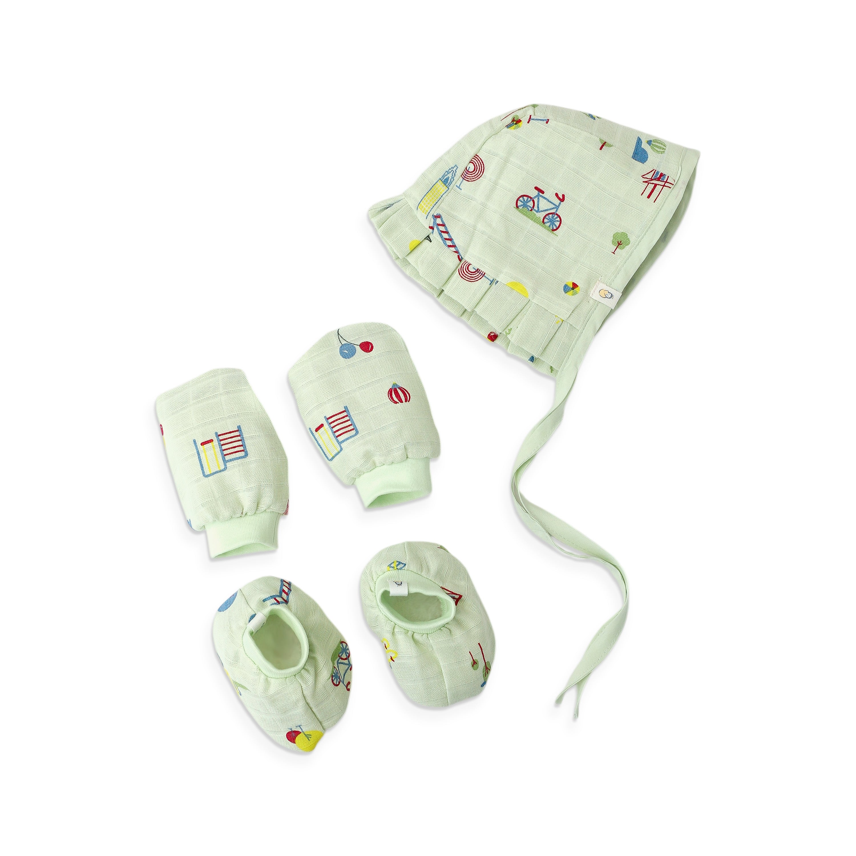 Baby Cap, Mittens and booties Set - Park Play Days (0-3 Months)