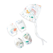 Baby Cap, Mittens and booties Set - Dino & Football (0-3 Months)