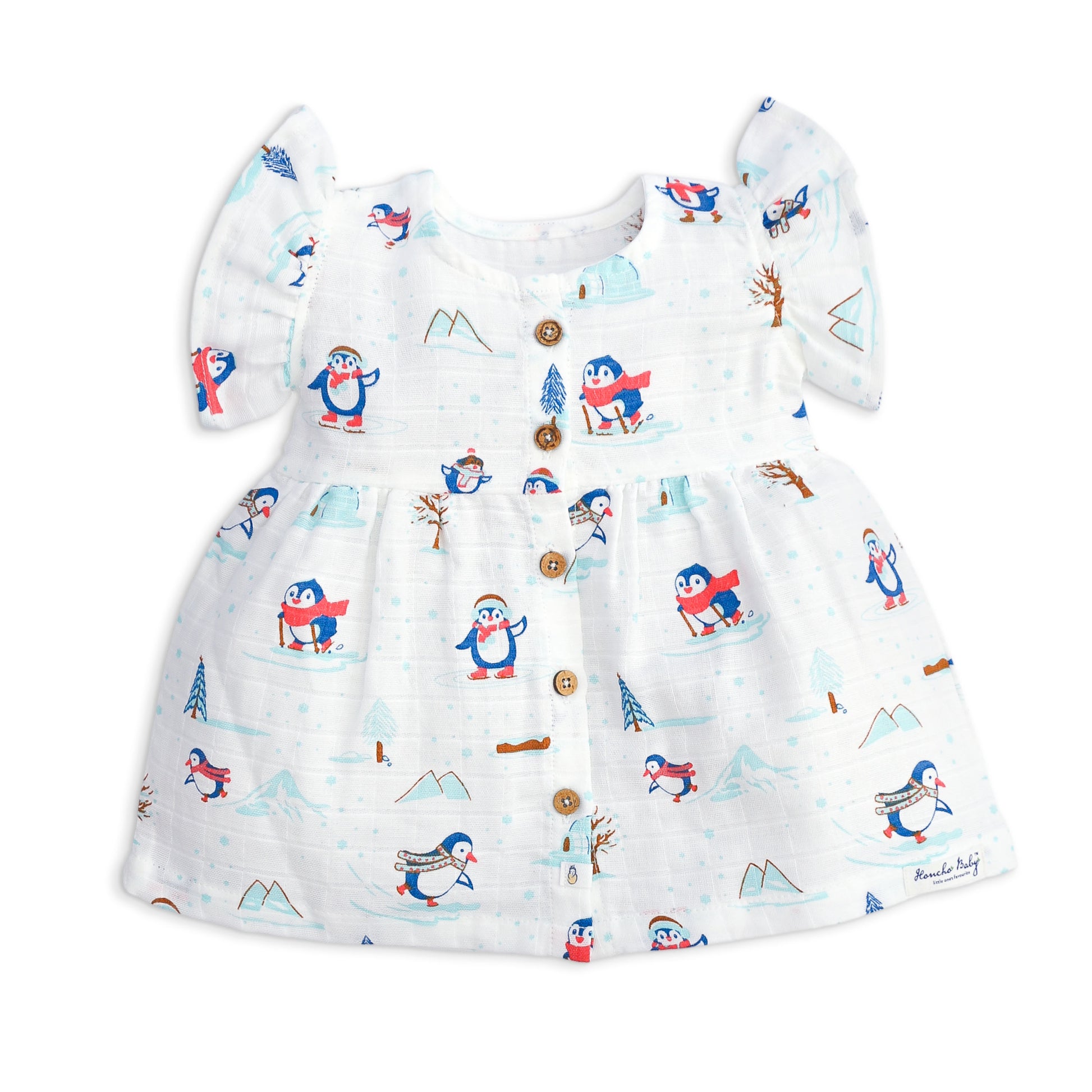White muslin frill sleeve baby frock with playful penguin print and button-front closure for 0-5 years