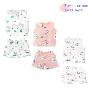 Muslin Cotton Sleeveless Top & Shorts for Babies & Toddlers Pack of 3 (Newborn–5 Years) - Happy Days Combo