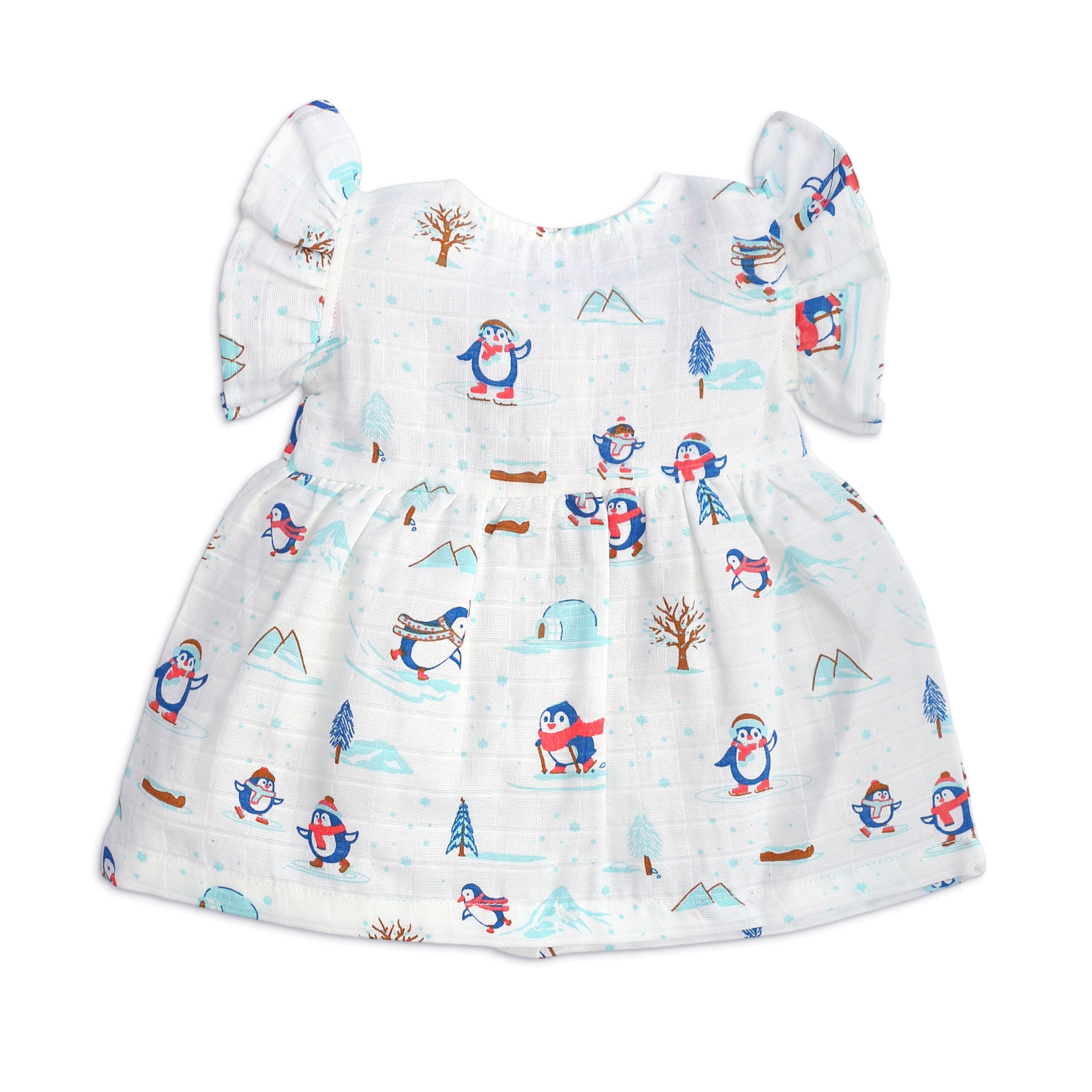 Back view of premium muslin cotton frill sleeve frock featuring winter penguin scene and puff sleeves