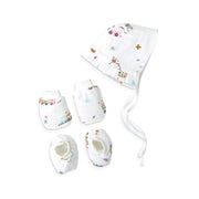 Baby Cap, Mittens and booties Set - Tiny Wheels & Wonders (0-3 Months)