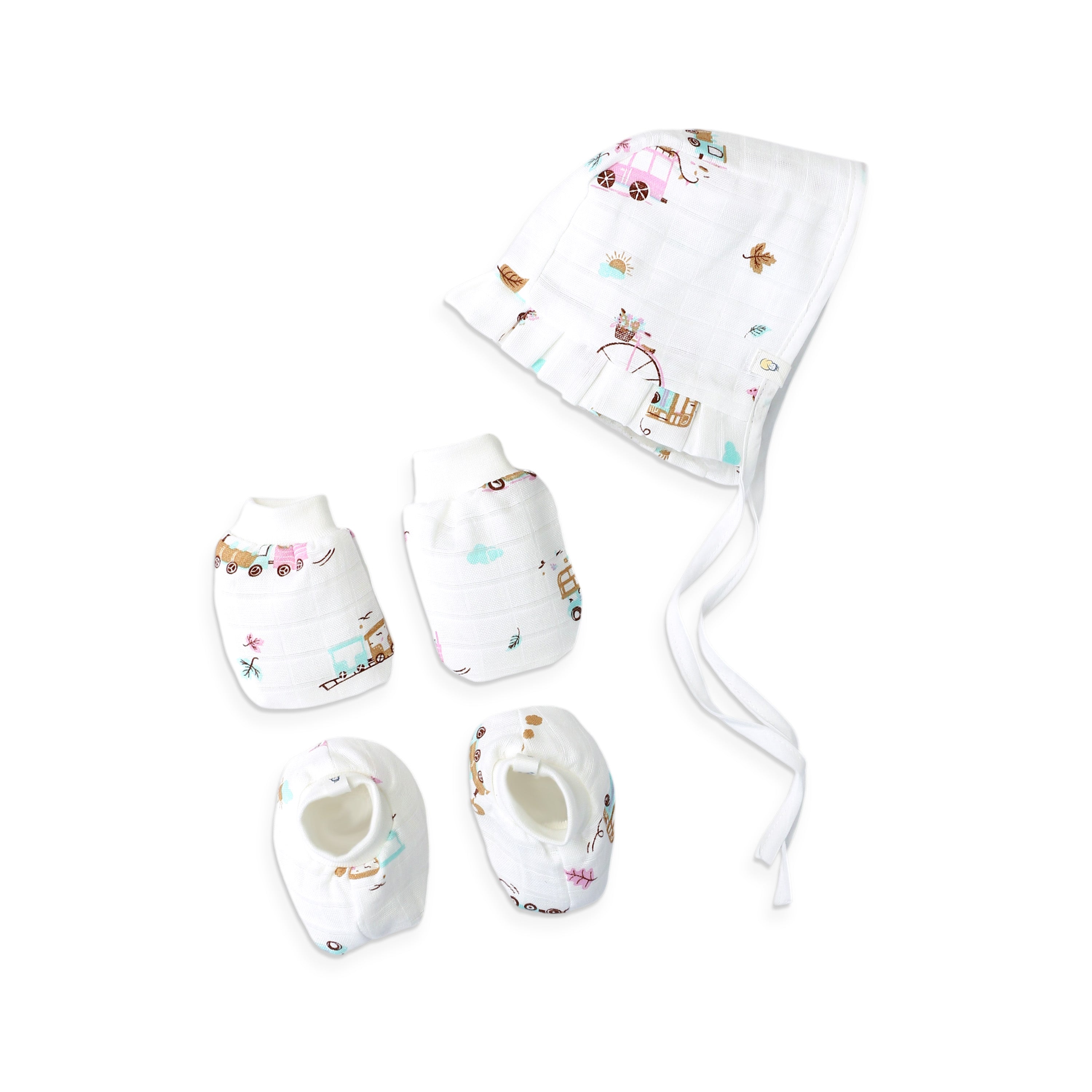 Baby Cap, Mittens and booties Set - Tiny Wheels & Wonders (0-3 Months)