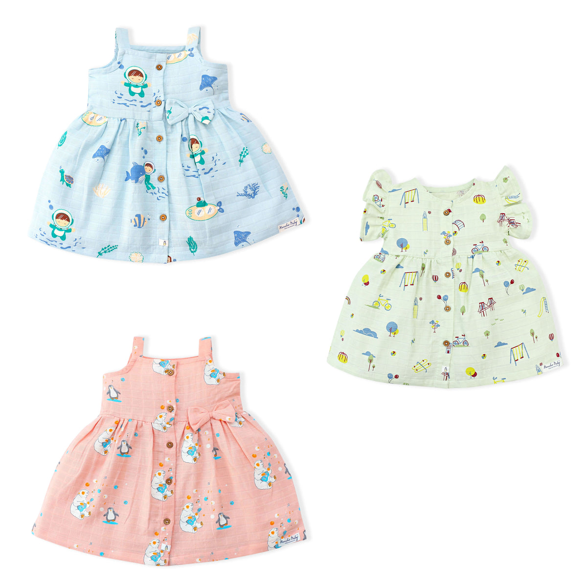Sleeveless Frock and Frill Sleeve Muslin Cotton Girls Frock Combo Pack of 3 (9-12 Months & 2-5 Years)
